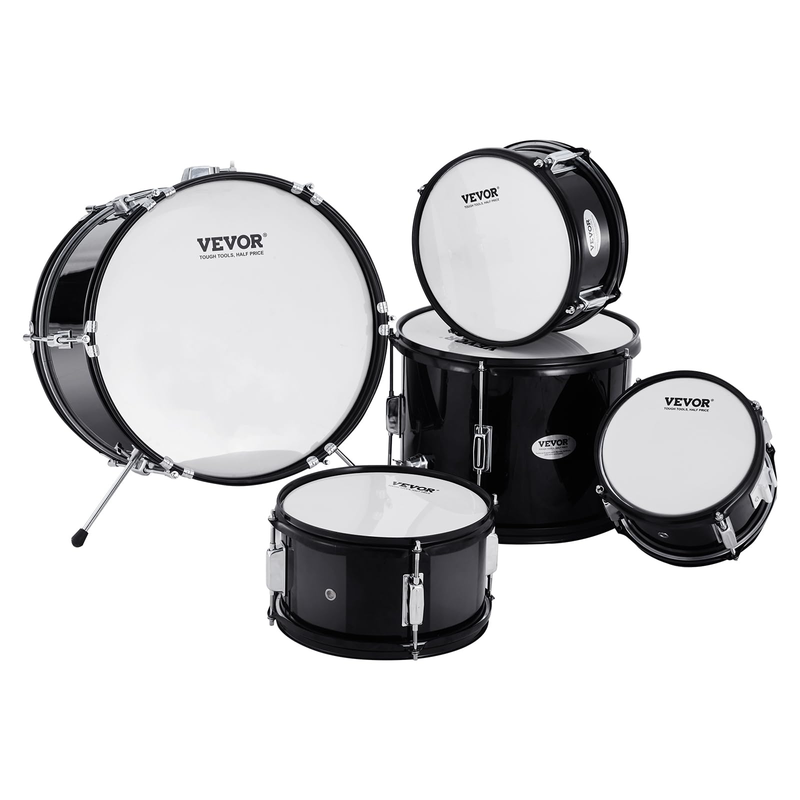 VEVOR 5-Piece Junior Drum Set for Kids & Beginners - 16 Inch Adjustable Drum Kit with Throne, Sticks, Cymbal, Pedal, Tom Snare Bass - Perfect Starter Drumset for Children's Music Practice & Home Play (Black)