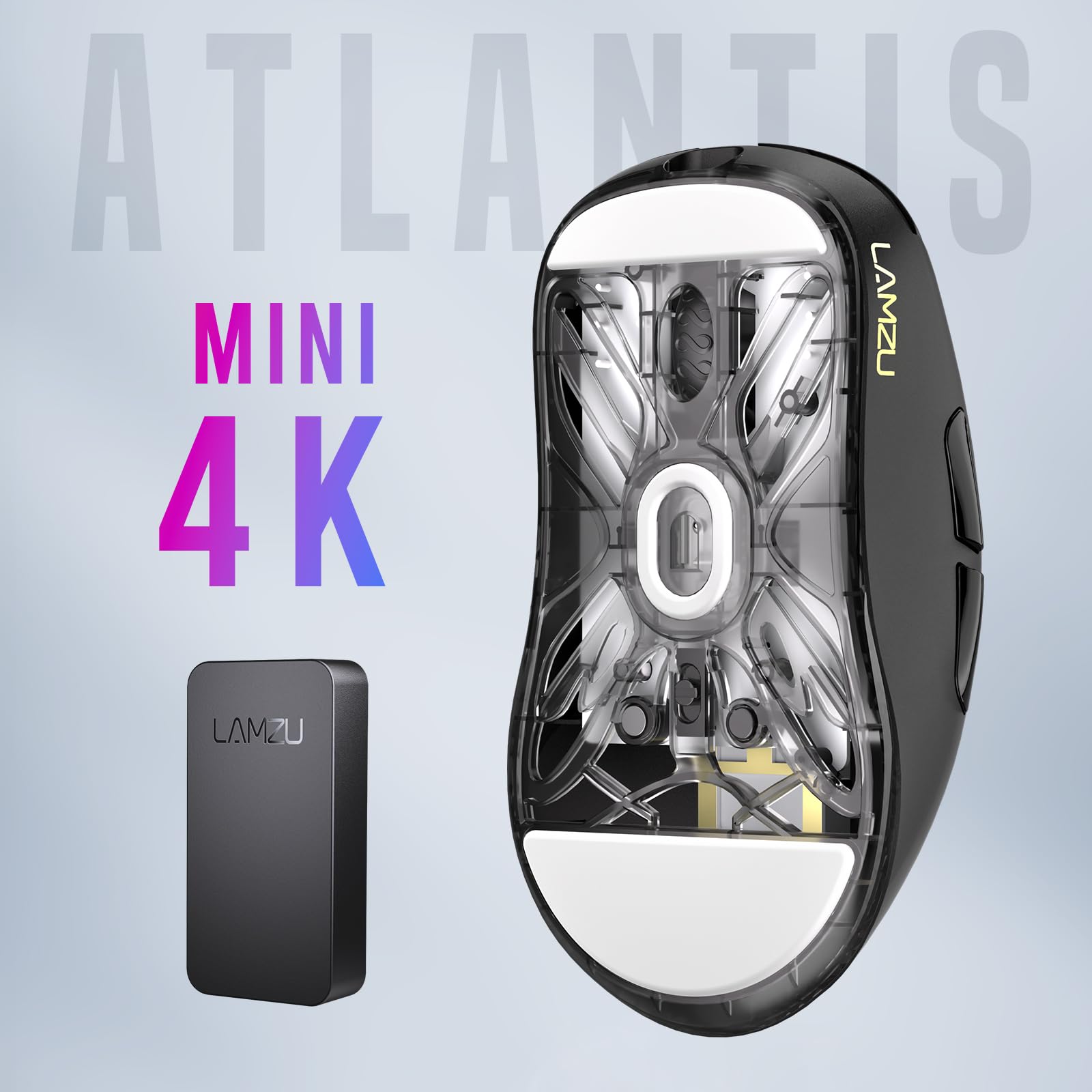 Lamzu Atlantis Mini 4K Wireless Gaming Mouse - Ultra Lightweight 51g, 26000 DPI, Symmetrical Design, Mechanical Switches, Silver TTC Encoder, PAW3395 Sensor, Nordic 52840-4k Dongle - Perfect for FPS, MOBA & Esports Gaming
