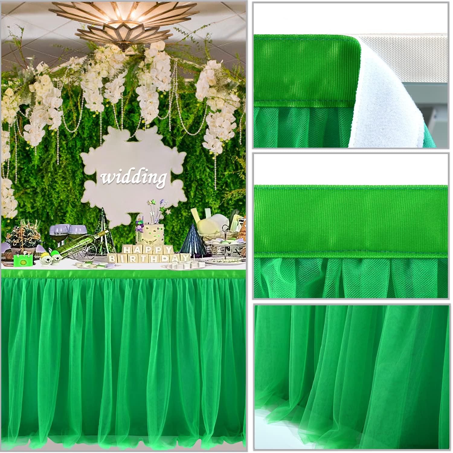 Suppromo 9ft Green Tulle Table Skirt - Elegant Ruffle Tutu Tablecloth for Rectangle & Round Tables | Perfect for Birthday Parties, Baby Showers, Jungle Luau & Safari Theme Decorations | Wedding, Bridal Shower & Holiday Party Table Decor