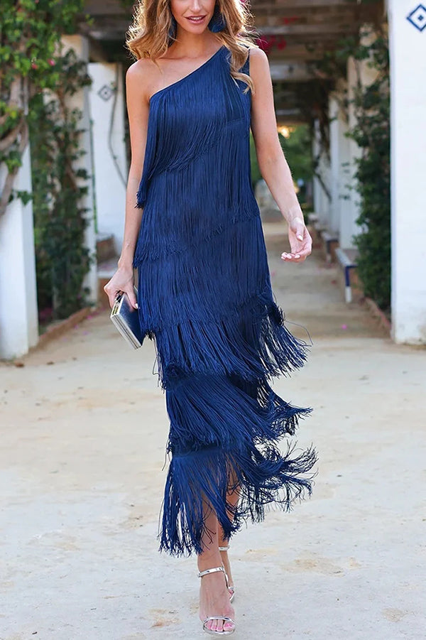 Elegant Fringed One Shoulder Asymmetric Midi Dress for Women - Boho Chic Party, Cocktail & Evening Wear - Perfect for Weddings, Date Nights & Special Occasions