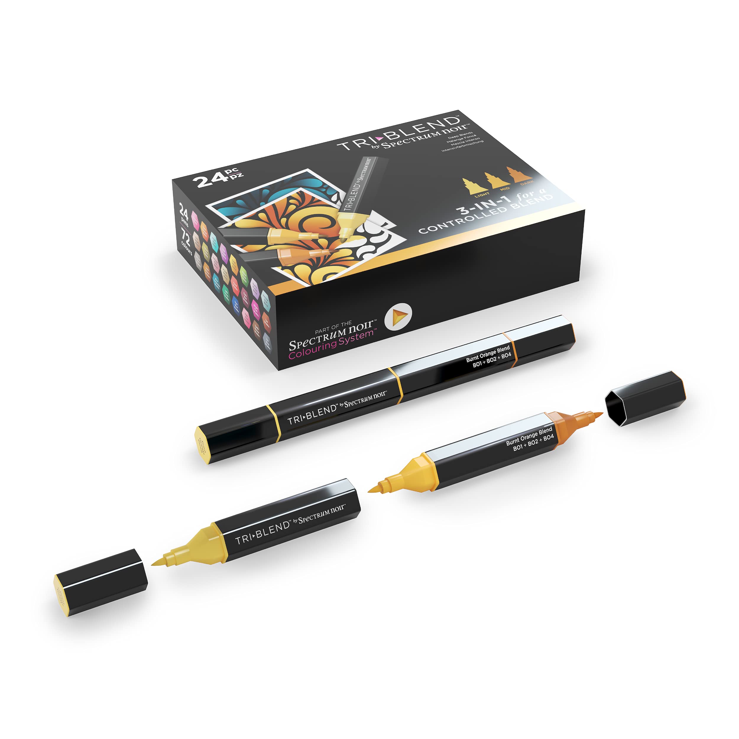 Spectrum Noir TriBlend Alcohol Markers - 24 Premium Blendable Coloring Pens with Unique 3-in-1 Shade Effect (Deep Shades) - Perfect for Adult Coloring Books, Illustration, Calligraphy & DIY Art Projects