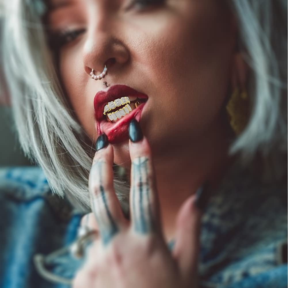 18K Gold Plated Iced Out CZ Grillz Set - Top & Bottom Fang Teeth Grills for Men & Women | Hip Hop Jewelry, Bling Accessories for Rappers & Party Wear