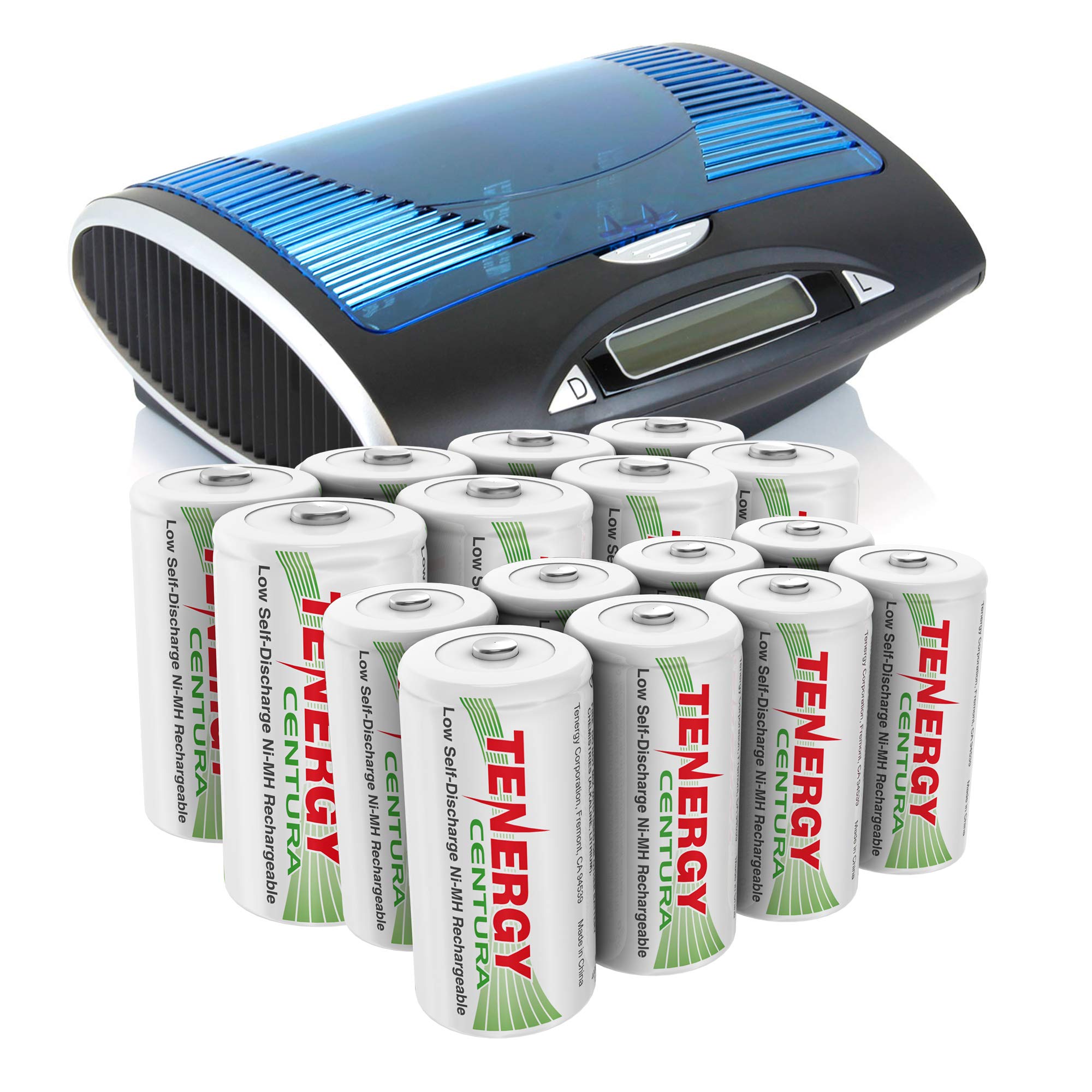 Tenergy Centura High Capacity Rechargeable C & D Batteries 16 Pack with Smart Universal Charger - 8xC & 8xD Batteries + T9688 Charger for Toys, Flashlights, Radios & Emergency Power Backup