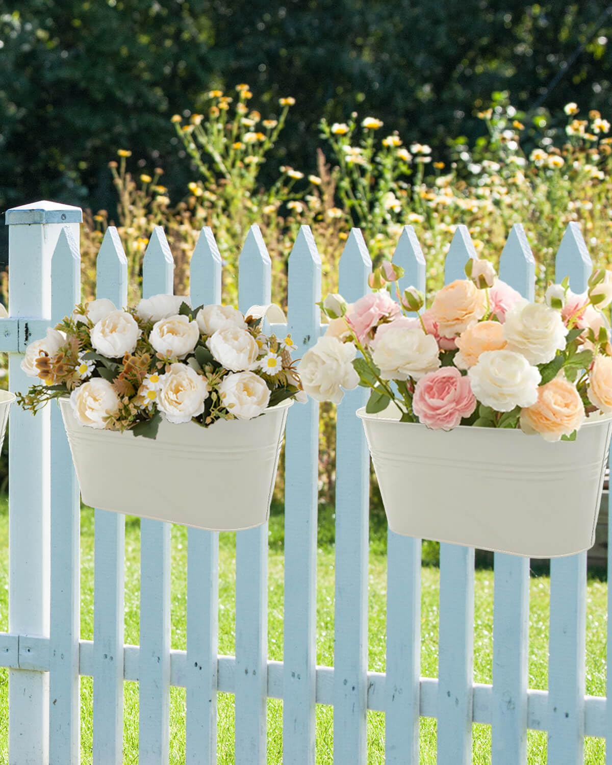 Vensovo 5-Pack White Metal Railing Planter Box for Outdoor Plants - Oval Hanging Flower Pots with Detachable Hooks & Drain Holes - Perfect for Balcony, Garden Fence, Deck & Patio Decor