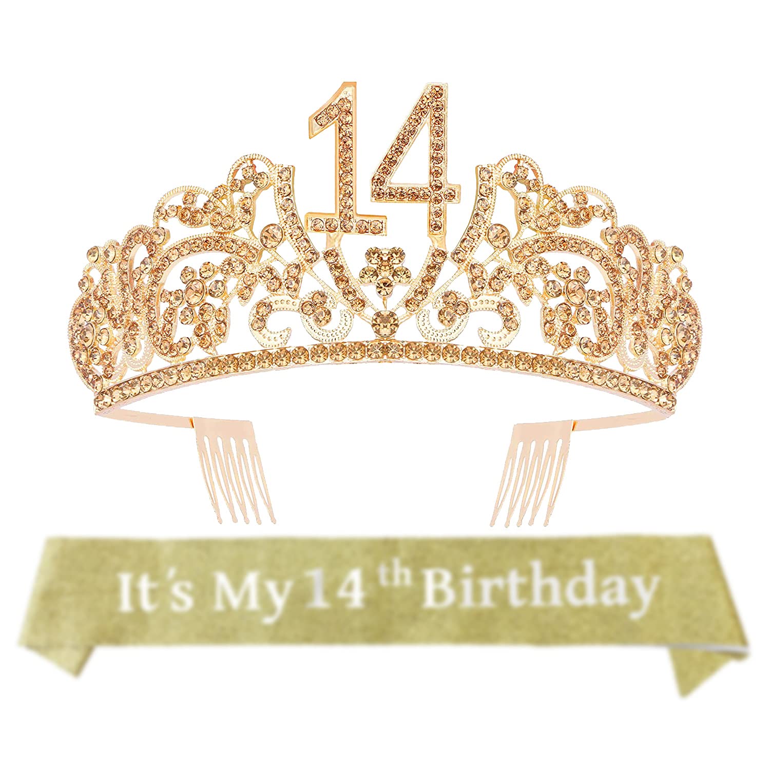 14th Birthday Tiara Sash - Sparkling Rhinestone Crown & Satin Ribbon for Sweet 14 Party, Quinceañera, Birthday Celebrations & Special Occasions