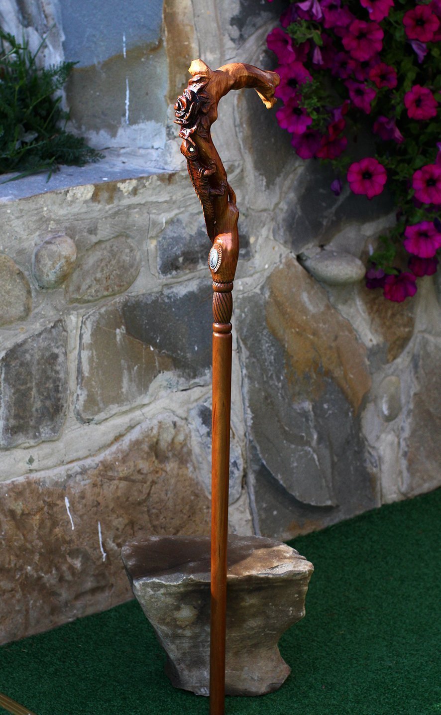 Hand Carved Wooden Walking Cane for Women - Elegant Floral & Lizard Design - Perfect for Hiking, Fashion Accessory, and Elderly Support