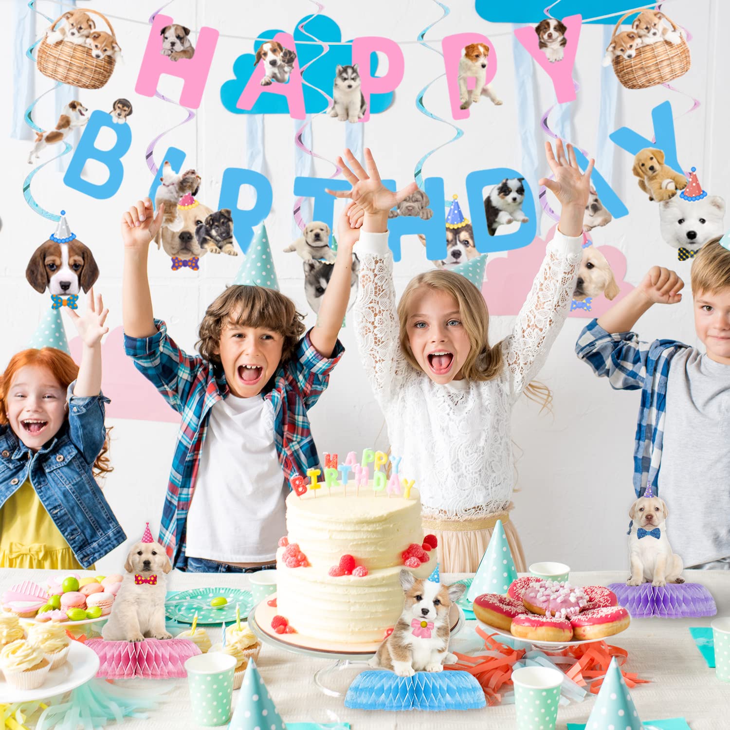 16 Pcs Dog Birthday Party Supplies Set - Includes Happy Birthday Banner, 6 Hanging Cutouts, 6 Swirl Decorations & 3 Honeycomb Centerpieces for Puppy Themed Party | Perfect for Dog Birthday Celebrations, Pet Adoption Events & Puppy Shower Decorations