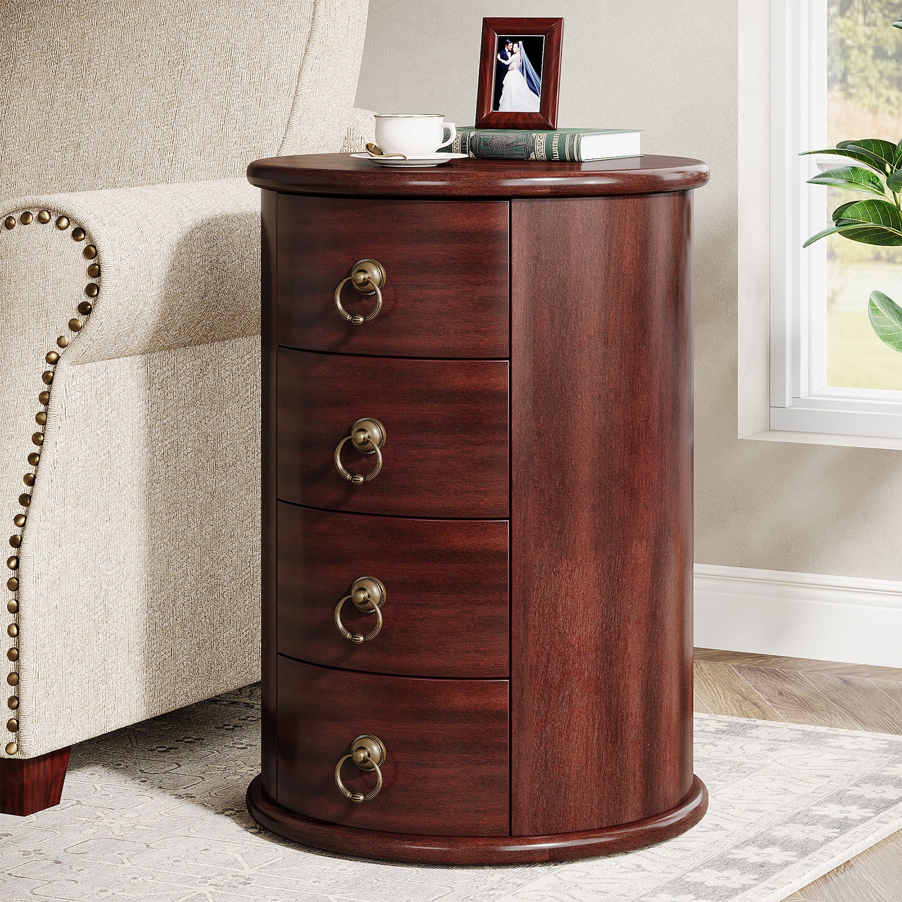 Round Wood End Table with 4 Drawers - Small Side Table for Living Room, Bedroom, or Office - Perfect for Storage and Decor