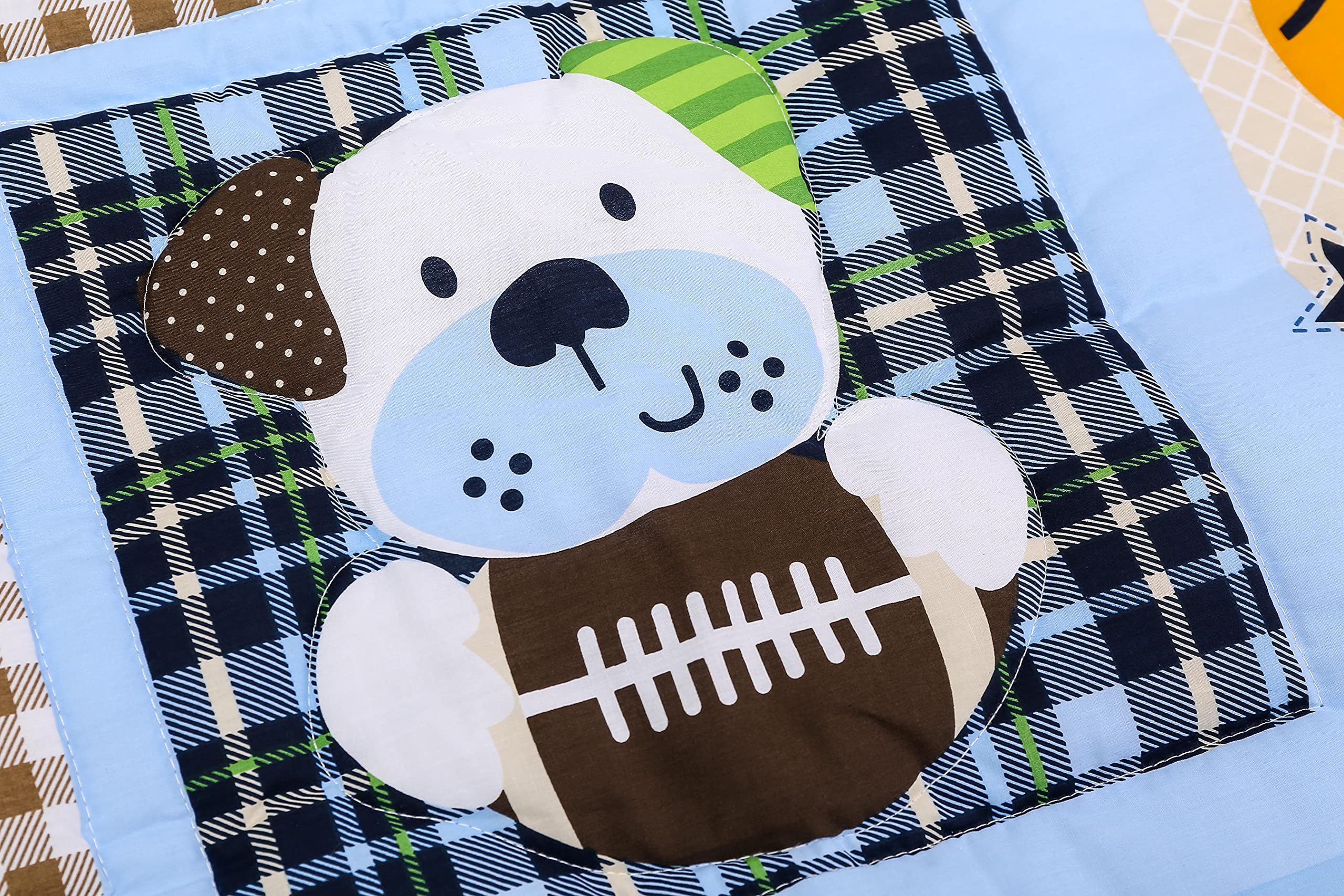 5-Piece Blue & Grey Sports Theme Nursery Crib Bedding Set for Baby Boys - Baseball, Basketball & Soccer Embroidery - Includes Quilt, Fitted Sheet, Crib Skirt, Valance & Changing Pad Cover (28