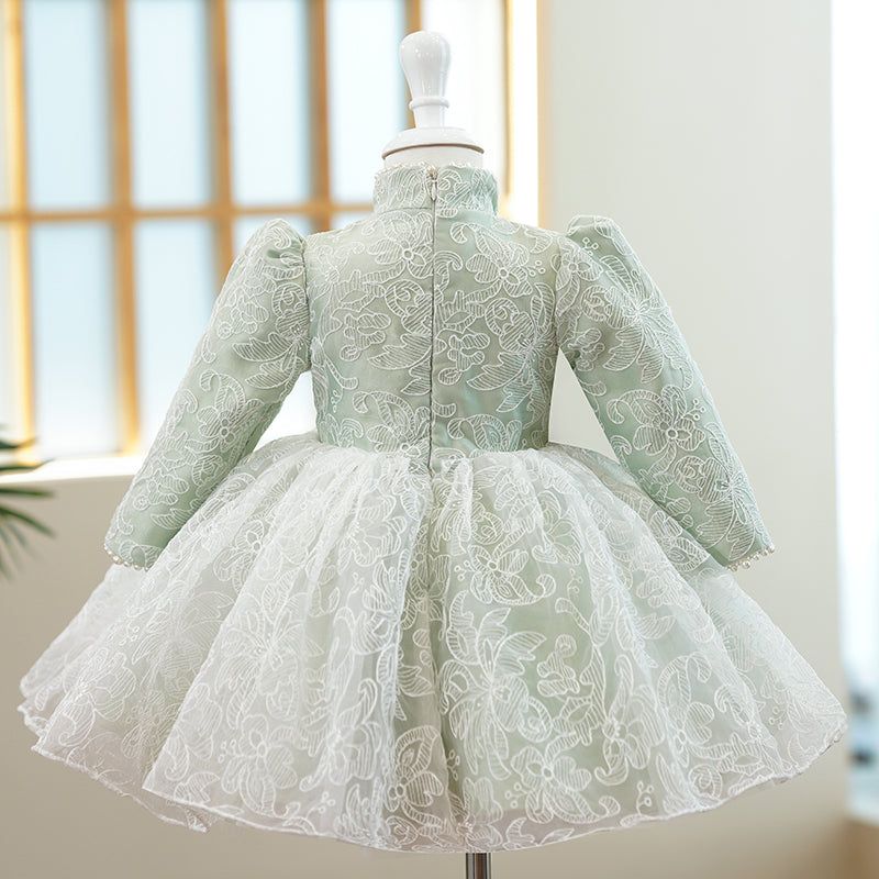 Elegant Sage Green Lace A-Line Flower Girl Dress with Mock Neck & Long Sleeves - Perfect for Weddings, Baptisms & Special Occasions
