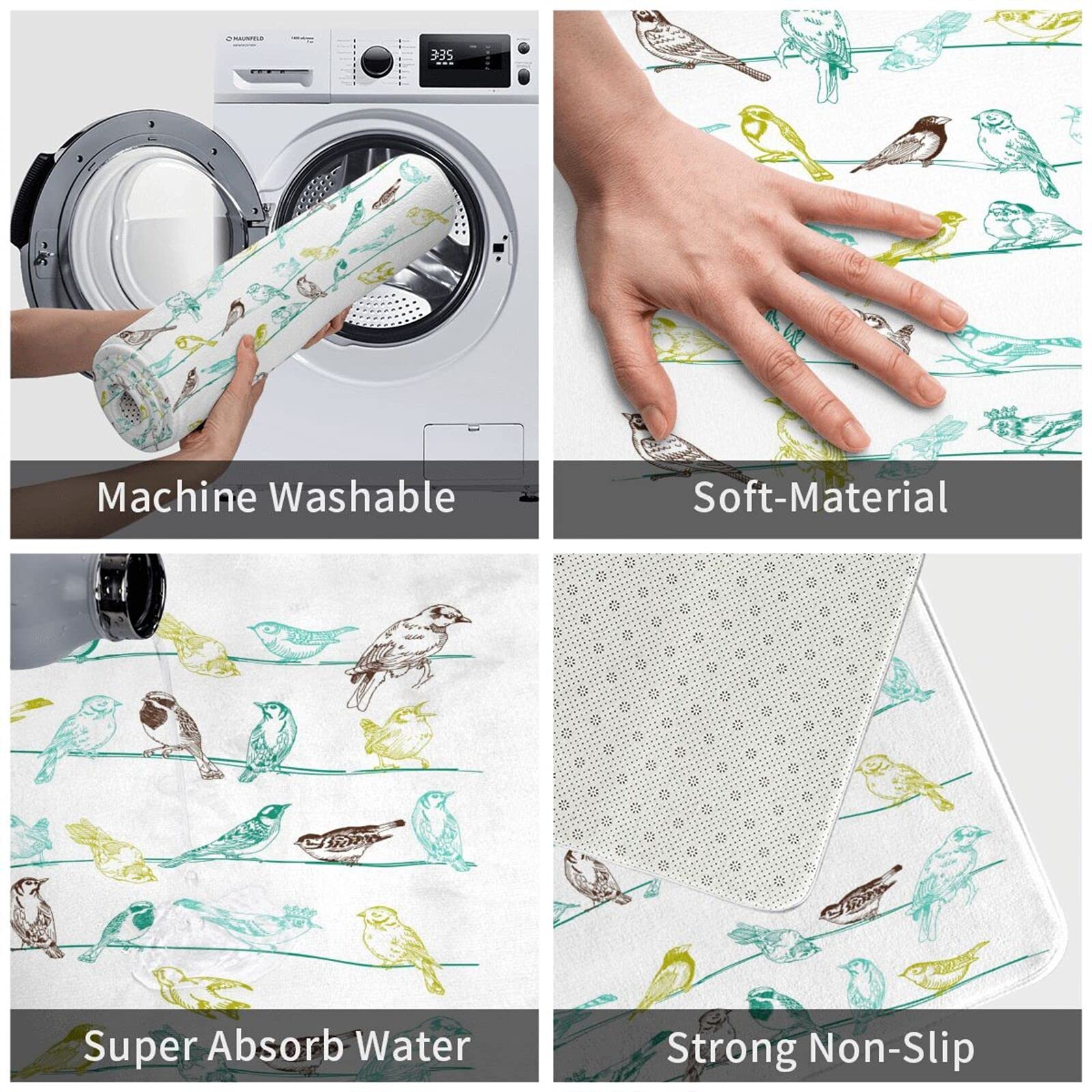 Soft Plush Non-Slip Bird Bath Mat - Absorbent Washable Bathroom Rug for Shower, Kitchen Sink & Floor Decor - Perfect for Bathroom Safety and Cozy Home Decor