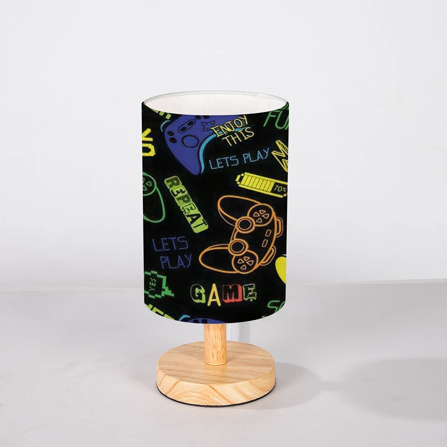 Minimalist Wooden Bedside Table Lamp with Flaxen Fabric Shade - Solid Wood Nightstand Lamp for Bedroom, Living Room, Gaming Room - Cool Joystick Print Design for Boys - Perfect for Reading, Gaming & Home Decor