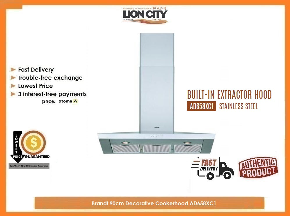 Brandt 90cm Stainless Steel Decorative Range Hood AD658XC1 - Modern Kitchen Ventilation for Smoke & Odor Removal
