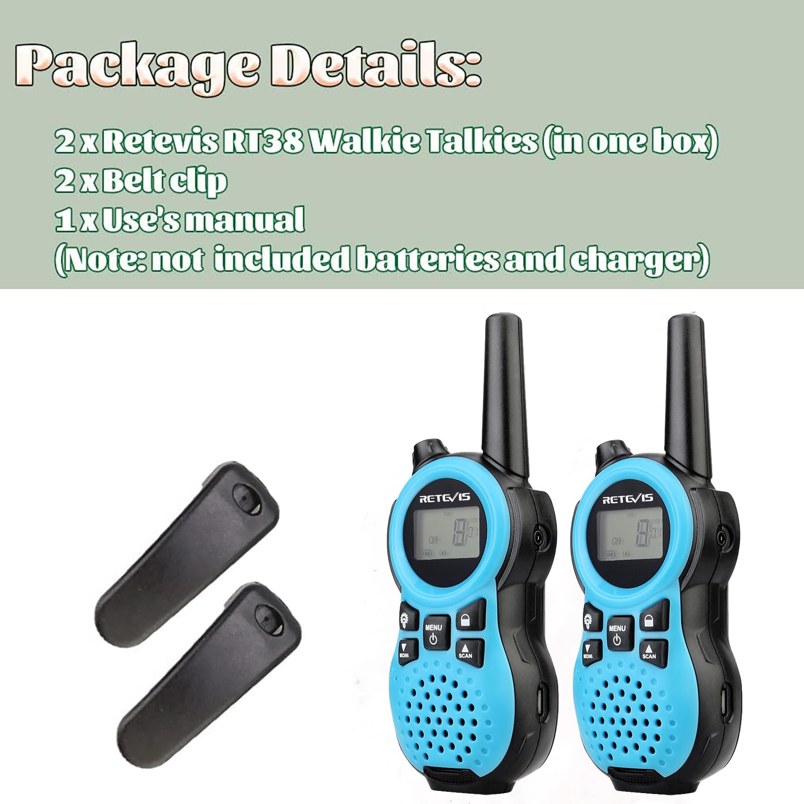 Retevis RT38 Kids Walkie Talkies - Mini Size USB Rechargeable Long Range FRS Radios for Boys & Girls Ages 6-12 - Perfect for Camping, Hiking, Outdoor Adventures & Family Games (Blue, 1 Pair)