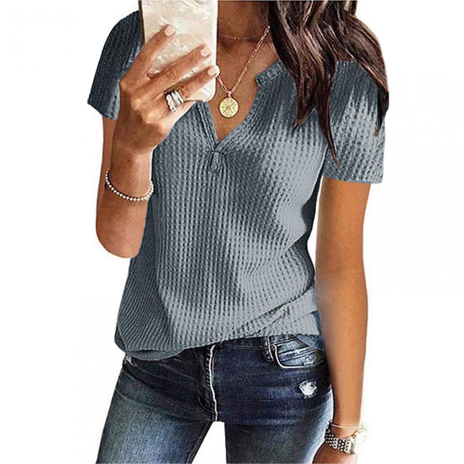 Women's Summer Waffle Knit Short Sleeve Tunic Top - Casual V-Neck Henley Blouse, Plus Size Loose Fit Shirt for Beach, Vacation & Everyday Wear