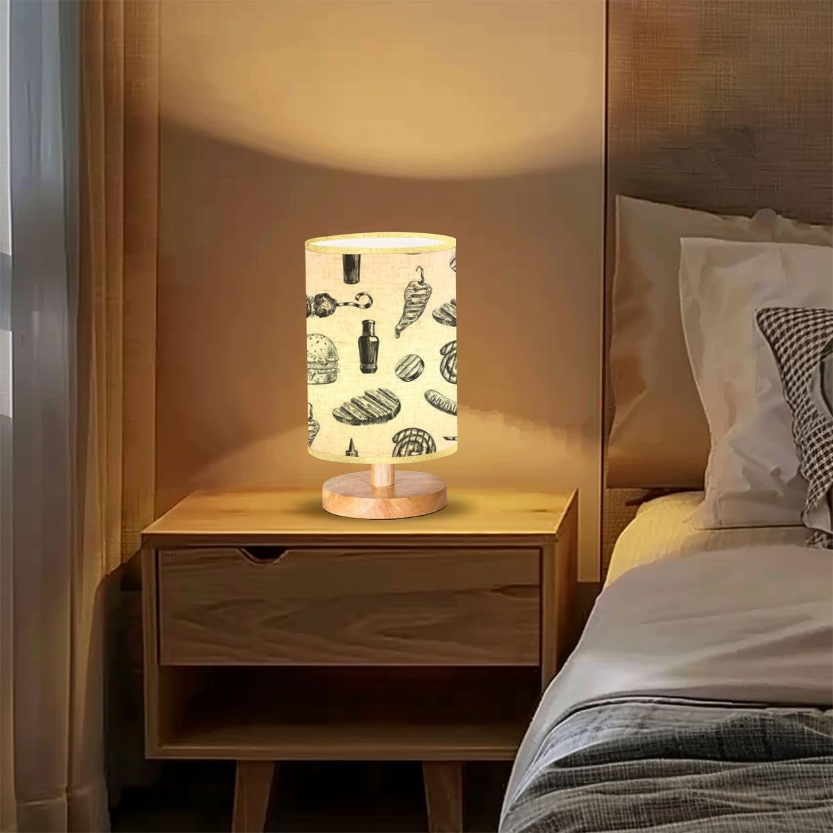 Dimmable Bedside Table Lamp with Wood Base & Linen Lampshade - Nightstand Lamp for Bedroom, Living Room & Office - BBQ Grilled Meat Pattern Design for Kitchen Decor