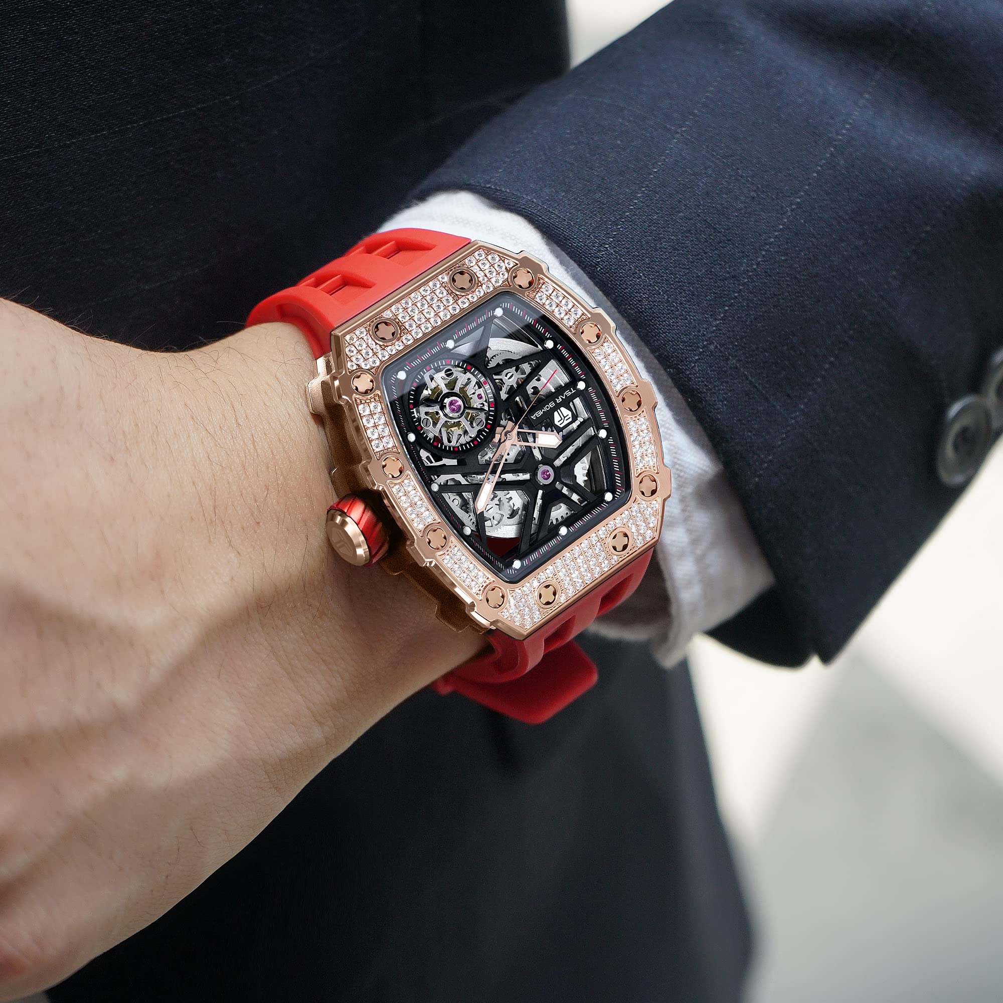 Premium Automatic Skeleton Watches for Men - 50M Waterproof Luxury Mechanical Tonneau Watch with Fluoroelastomer Band (Red) - Ideal for Business Casual, Formal Events & Daily Wear - Perfect Gift for Men