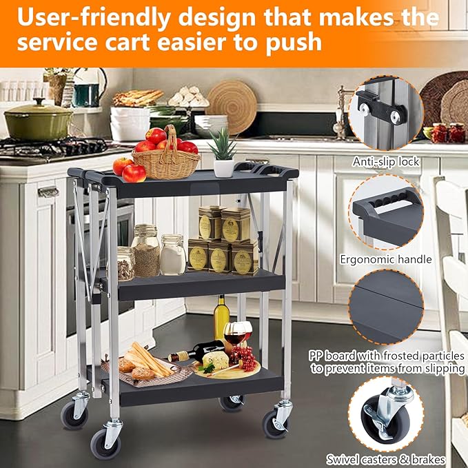 GARVEE 3-Tier Foldable Utility Cart with Locking Wheels - Heavy Duty 330Lbs Capacity Rolling Service Cart for Home, Office, Warehouse - Perfect for Storage, Organization & Mobile Workstations