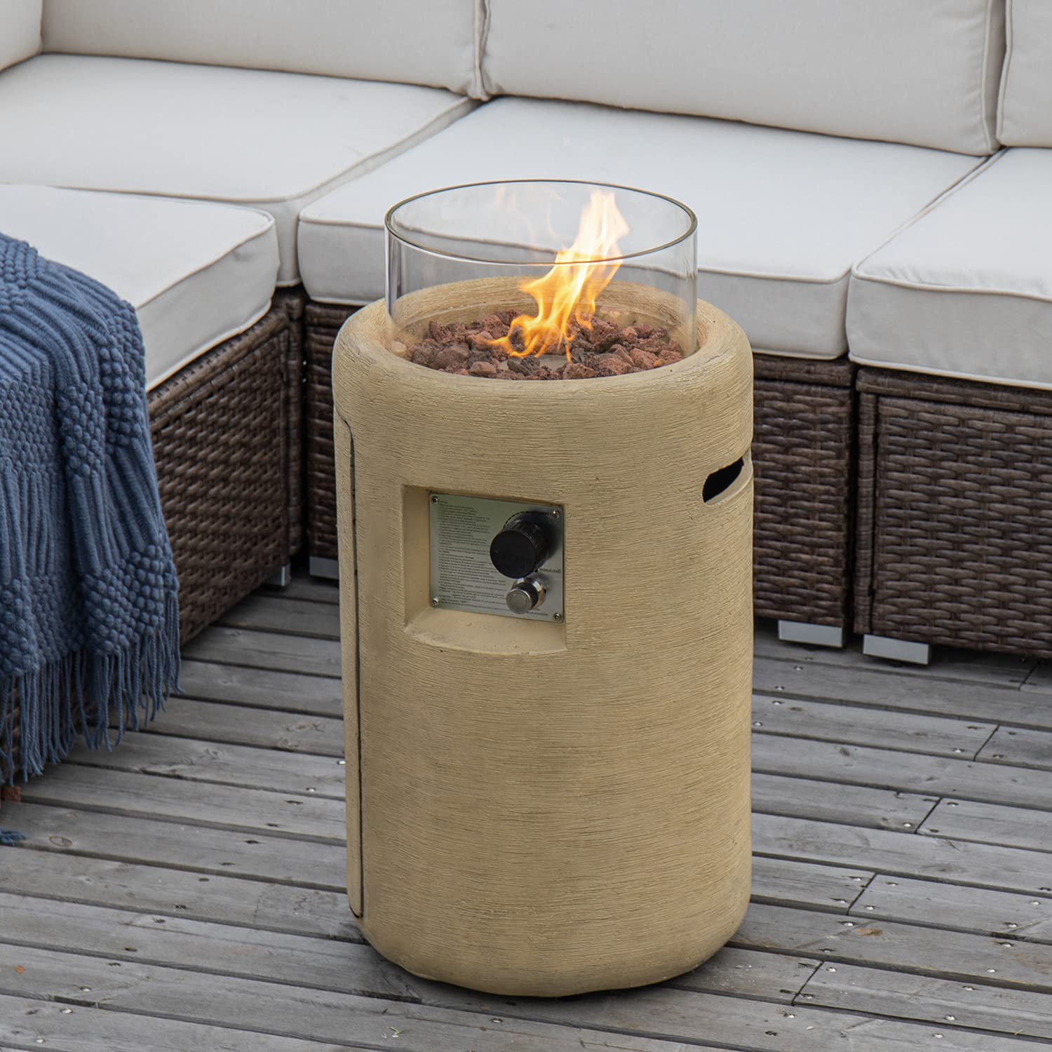 Outdoor Propane Fire Pit Table - 16-inch Round Graphite Base with Compact Ledgestone & Glass Wind Guard, 40,000 BTU - Includes Free Lava Rocks & Touch-up Pen - Fits Standard 20lb Tank - Perfect for Patio, Backyard, and Camping (Marzipan Color)