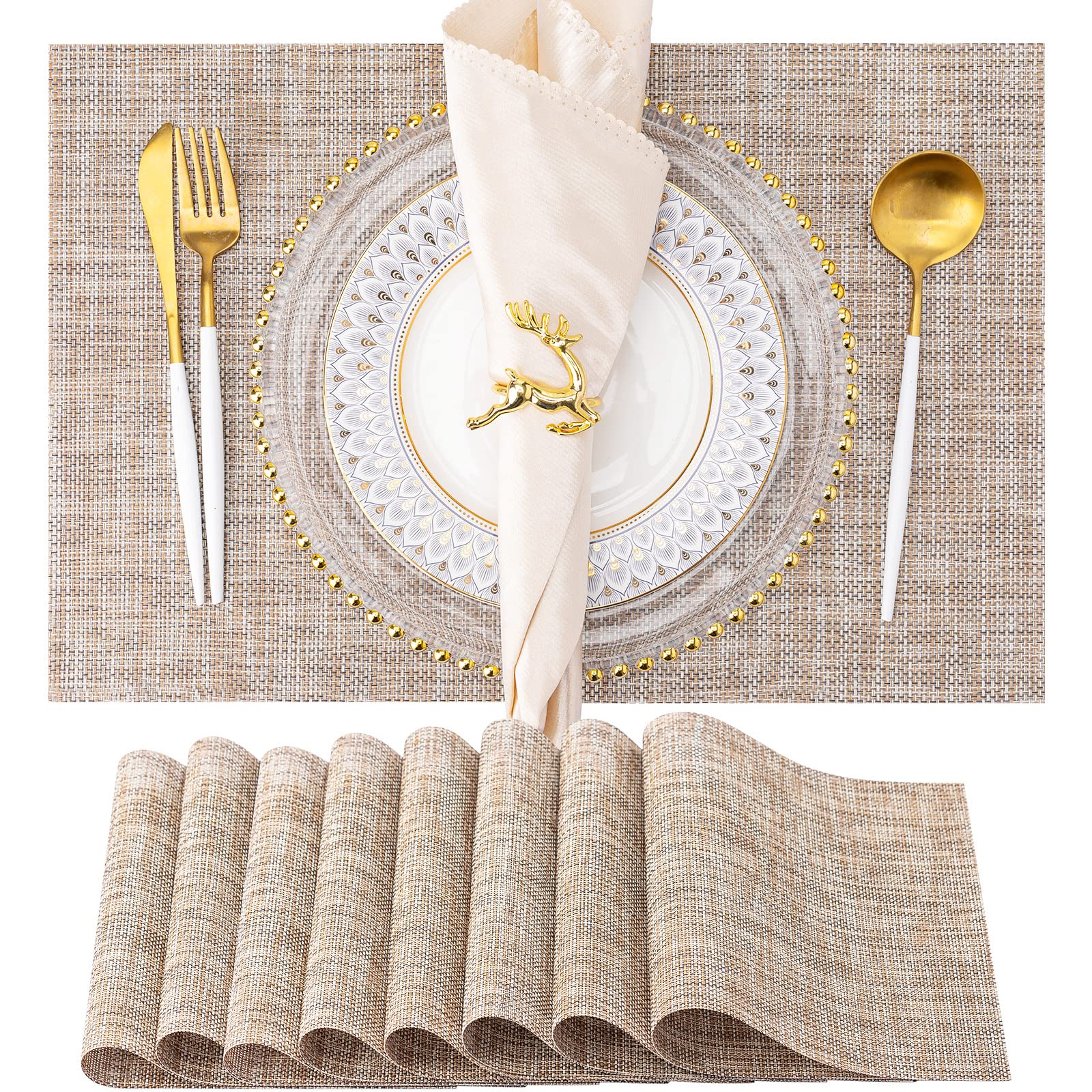 8-Pack Washable Vinyl Placemats for Dining Table - Indoor/Outdoor PVC Weave Table Mats in Caramel - Perfect for Kitchen, Patio, Picnic & Party Decor