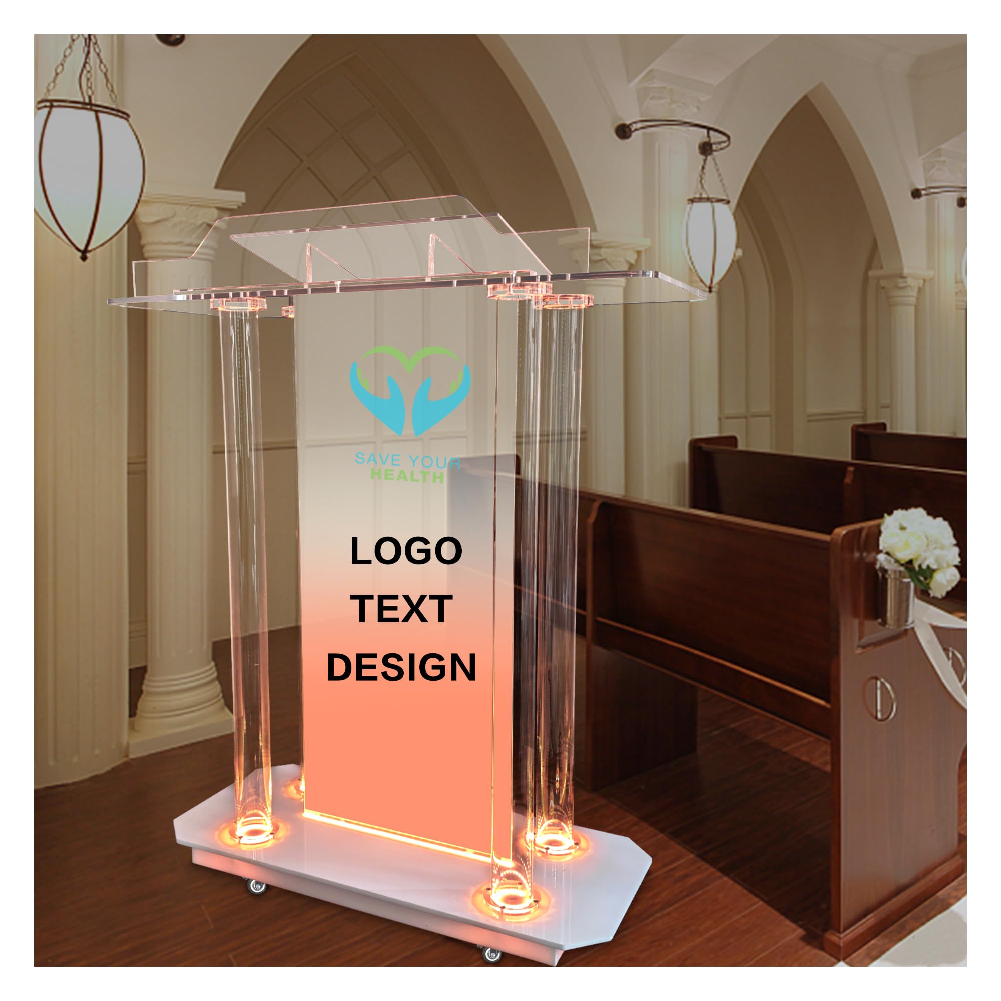 Custom Acrylic Podium Stand with LED Lights & Wheels - Personalized Church Pulpit with Engraved Logo - Portable Lectern for Office, Classroom & Events - Perfect for Sermons, Presentations & Public Speaking