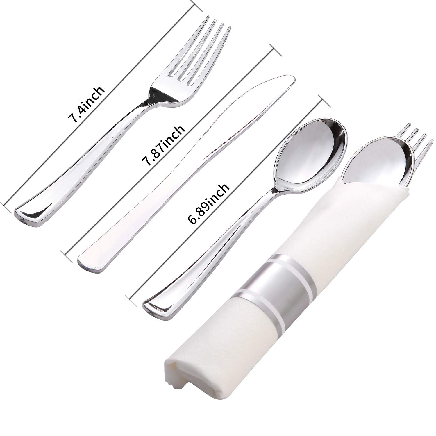 30 Pack Pre-Rolled Napkins with Silver Plastic Cutlery Set - Premium Disposable Silverware Kit (30 Forks, 30 Knives, 30 Spoons, 30 Napkins) - Perfect for Parties, Picnics, Catering & Events