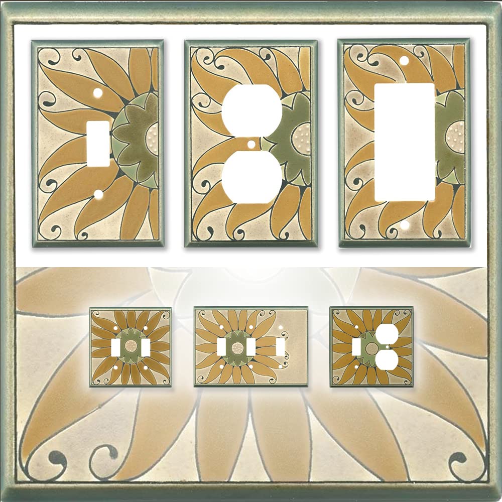 Golden Sunflower Ceramic Wall Plate | GFCI Rocker Switch Plate Cover - Decorative Electrical Outlet Cover for Kitchen, Bathroom & Living Room