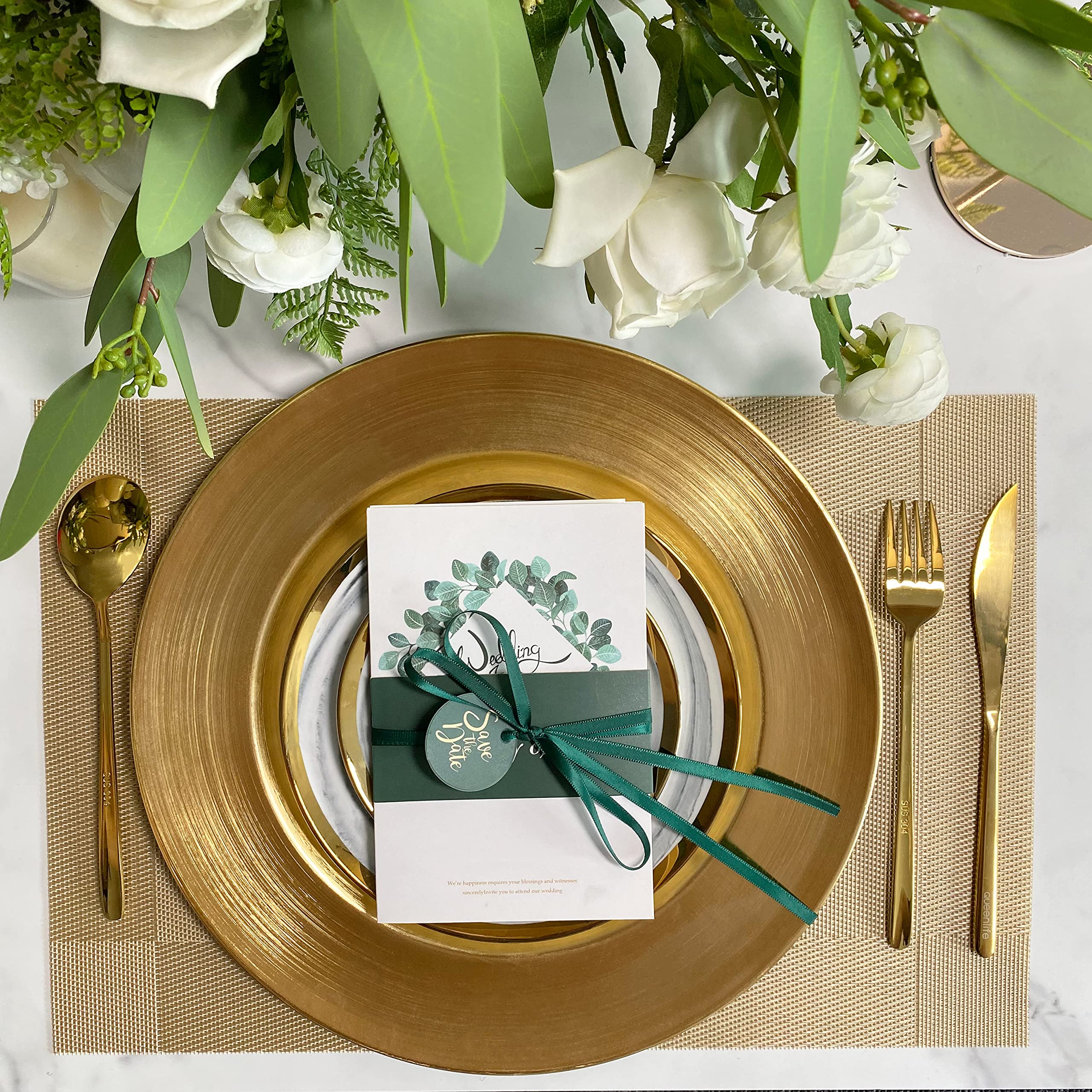 Henilosson 13 Inch Gold Metallic Foil Charger Plates - 24 Pack Round Dinner Plates for Weddings, Parties & Formal Events - Elegant Table Decor for Holiday Dining, Buffets & Special Occasions