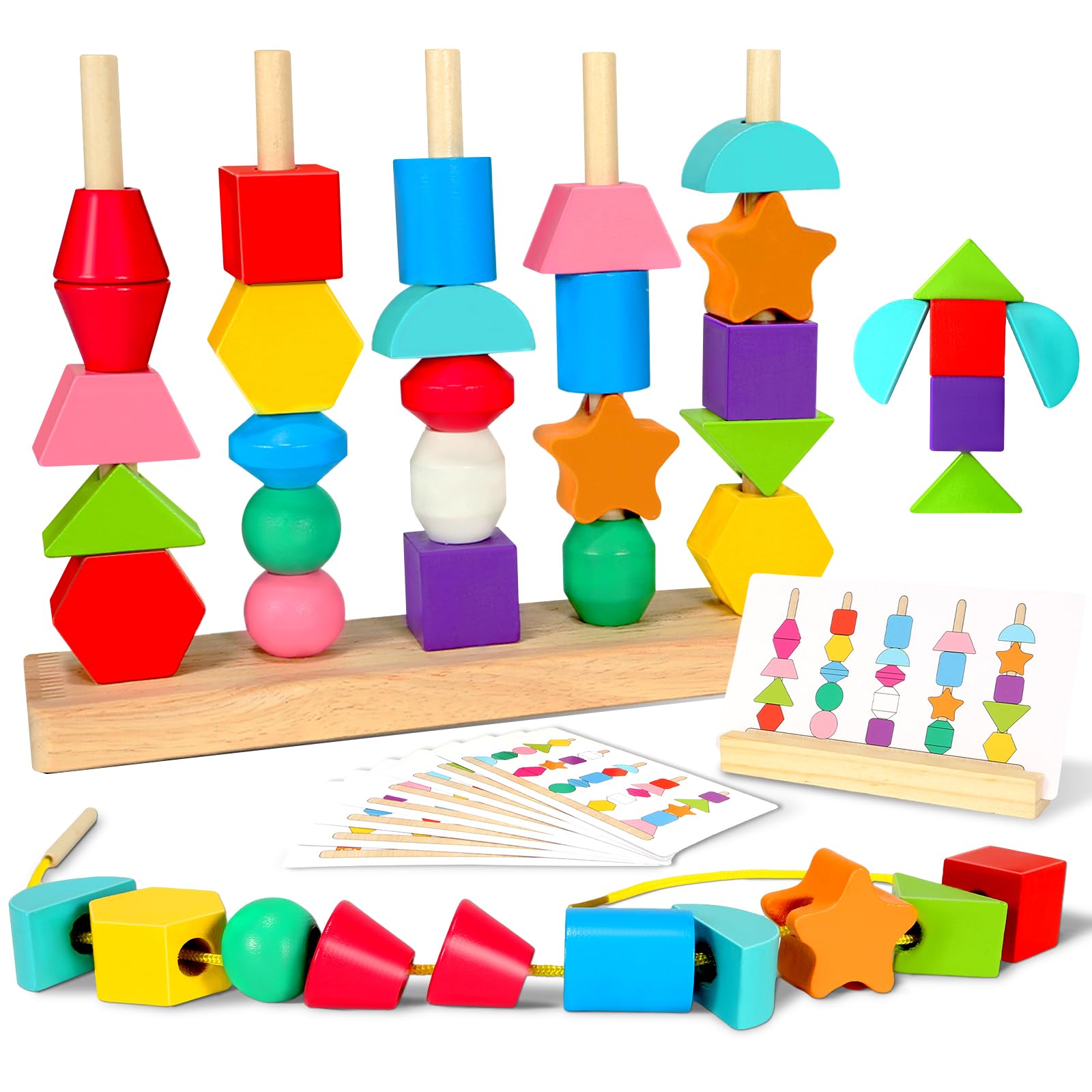 Montessori Wooden Shape Matching Game & Lacing Beads - Fine Motor Skills Toys for Toddlers Age 2-4 | Preschool Learning Activities, Sorting & Stacking Educational Toys for Boys & Girls | Perfect for Homeschooling & Early Childhood Development