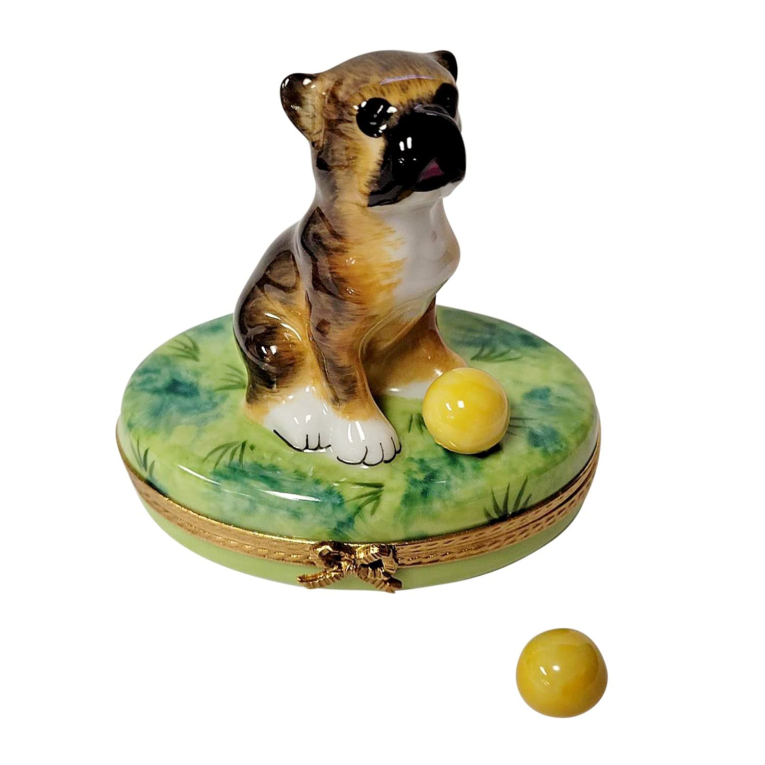 Rochard Boxer on Grass with Removable Ball Limoges Porcelain Jewelry Box - Perfect for Collectors, Gift Giving & Home Decor