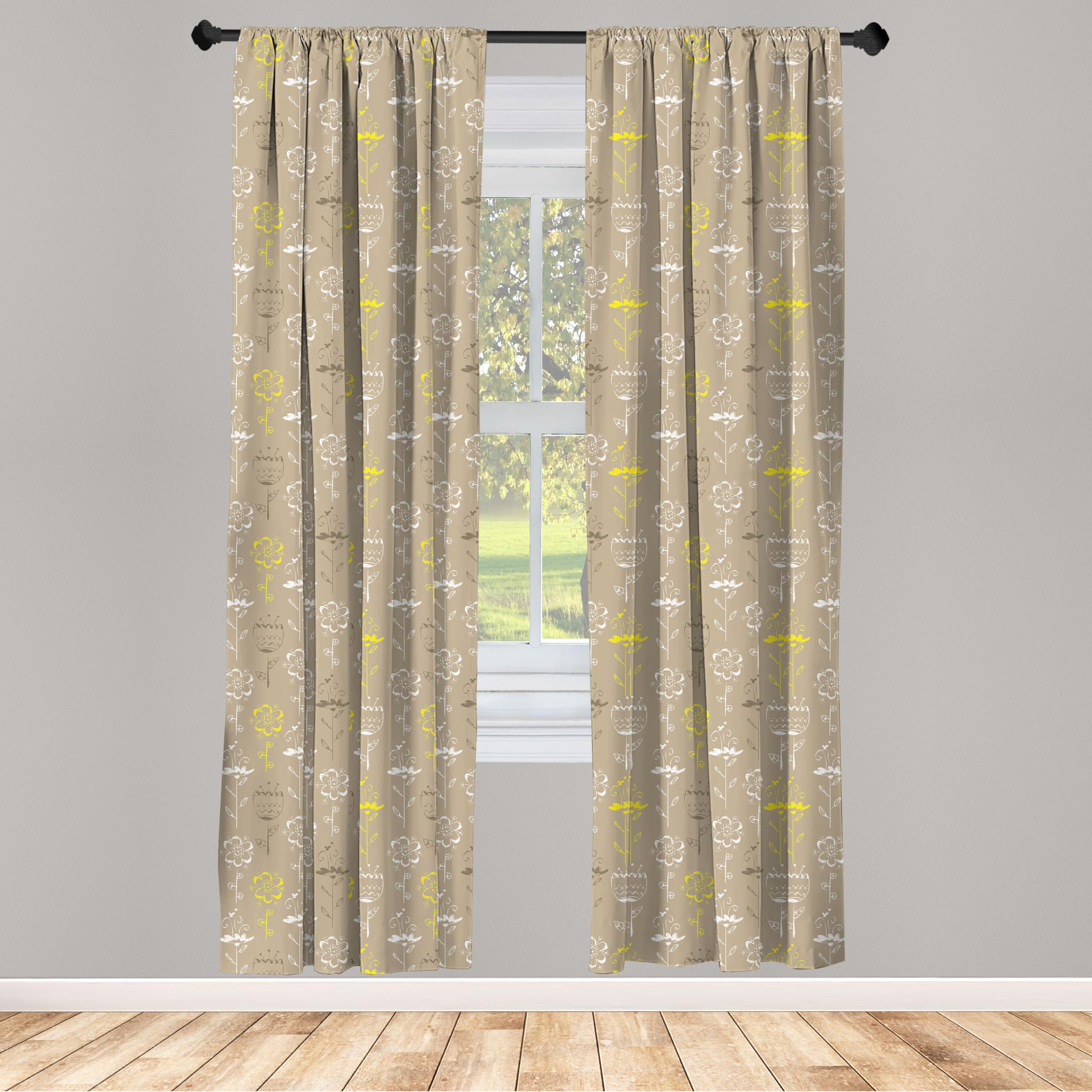 Ambesonne Grey and Yellow Window Curtains - Hand Drawn Tulips Flowers Leaves Butterflies Art - Lightweight Blackout Curtains 2-Panel Set with Rod Pocket (28