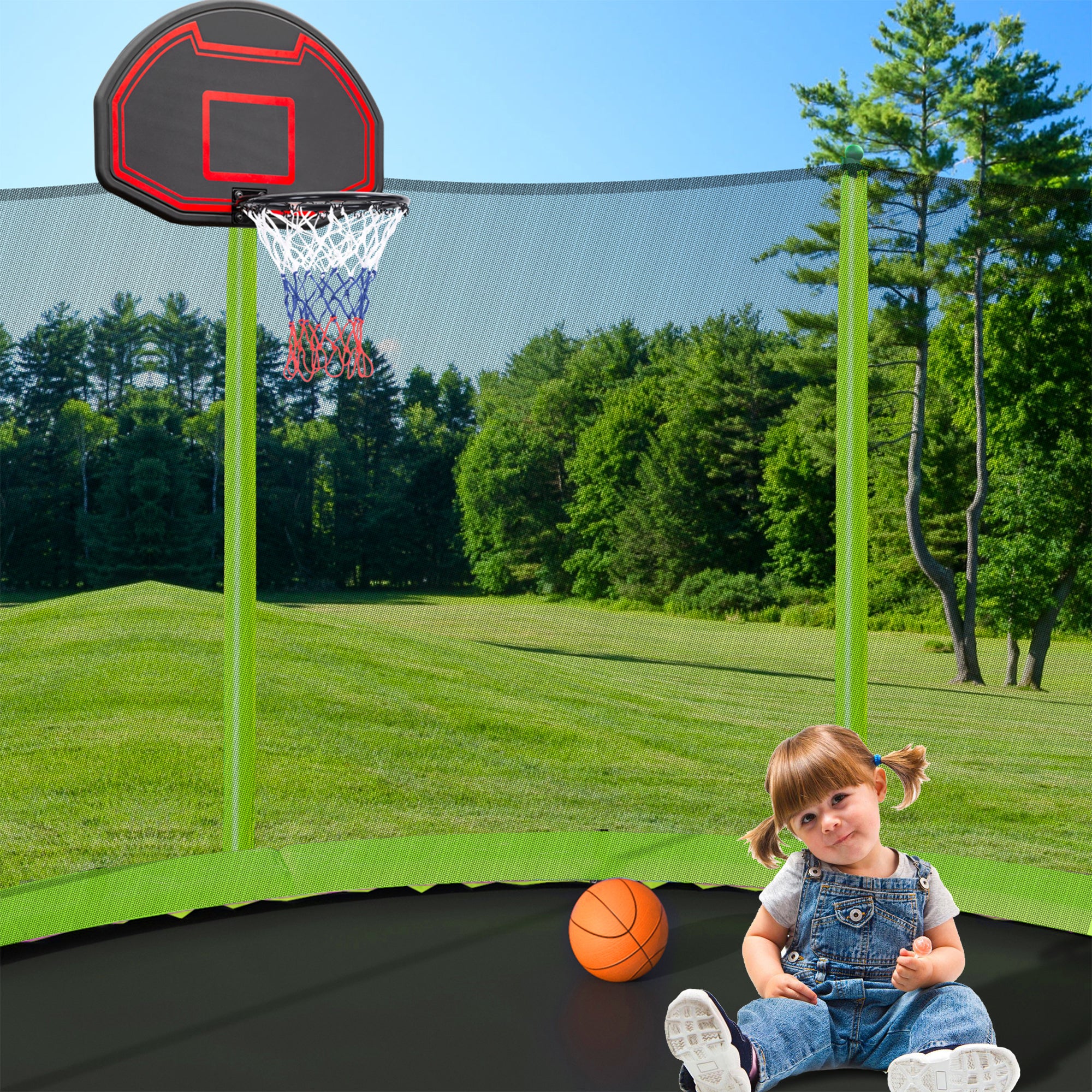 15FT Trampoline with Basketball Hoop, Air Pump & Ladder - Green Outdoor Bounce Set with Safety Enclosure for Backyard Fun & Exercise