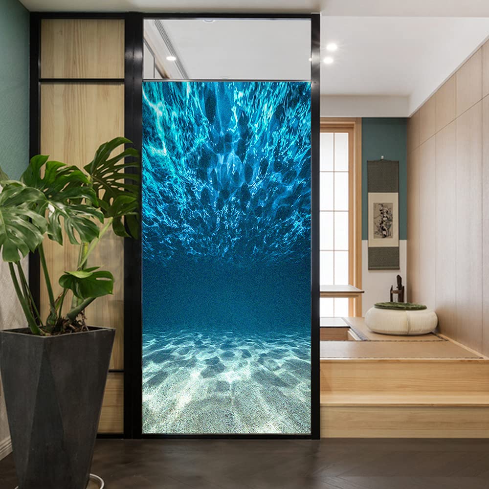 J4U Underwater Ocean Window Film - Static Cling Privacy Decorative Sticker for Bathroom, Home, Kitchen & Office - No Glue Needed, Heat Control - 17.7