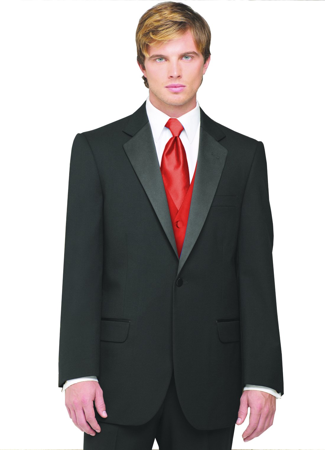 7-Piece Men's Tuxedo Suit Set with Flat Front Pants, Scarlet Vest & Tie | Formal Wedding, Prom, Black Tie Event Outfit