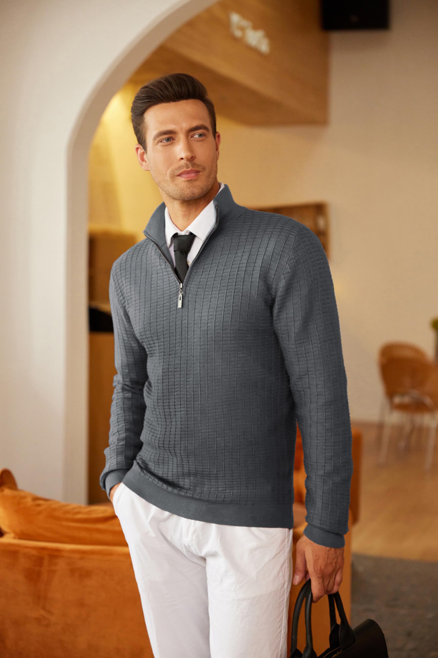 COOFANDY Men's Slim Fit Lightweight Cotton Quarter Zip Sweater - Breathable Mock Neck Pullover for Casual Wear, Office & Outdoor Activities