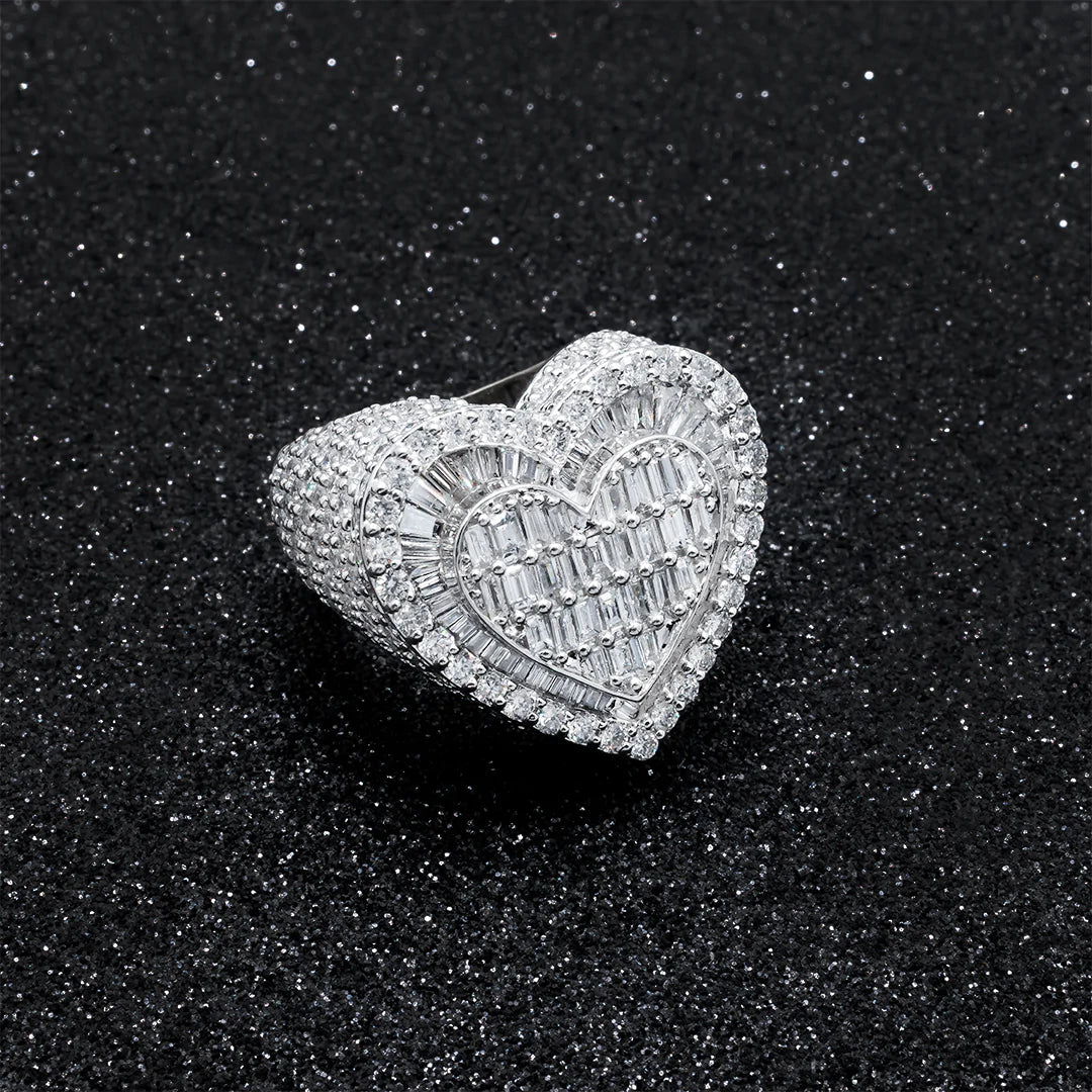 14K White Gold Baguette Diamond Heart Ring - 6.43 Carat Total Weight (CTW) - Elegant Valentine's Day Gift, Anniversary Jewelry & Romantic Proposal Ring for Her