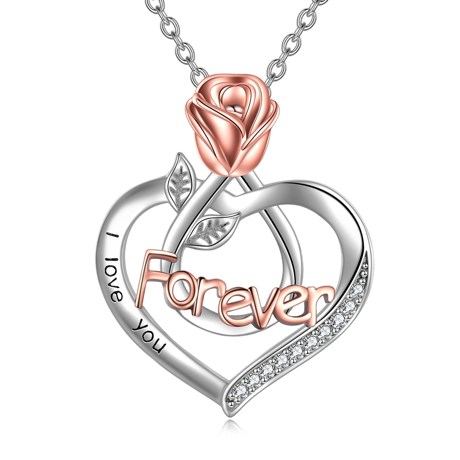 POPKIMI Sterling Silver Crystal Necklace - Rose Flower Heart Pendant Jewelry for Women | Birthday Gift for Mom, Grandma, Wife, Daughter, Girlfriend | 925 Silver I Love You Necklace for Special Occasions & Everyday Wear