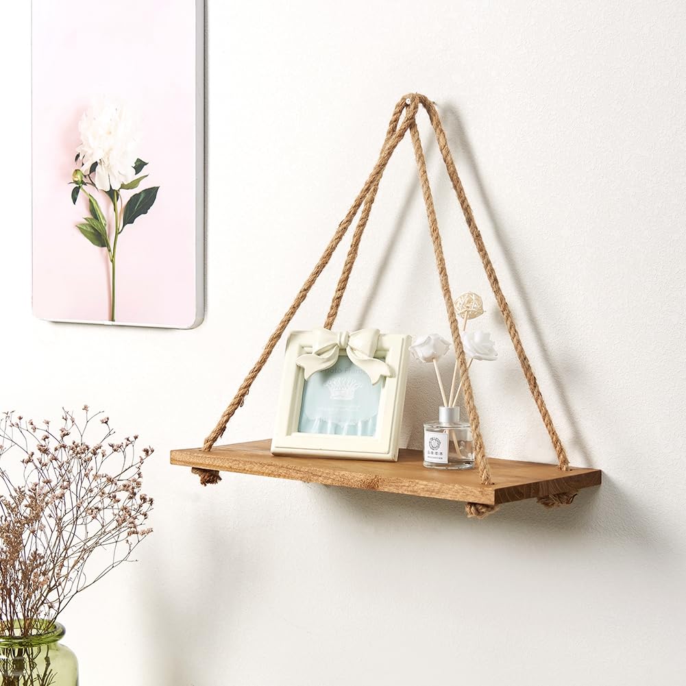 Rustic Rope Hanging Shelves Set of 3 - SAND MINE Wood Wall Floating Shelves for Living Room, Bedroom, Bathroom & Office Decor | Farmhouse Style Storage & Display Solution