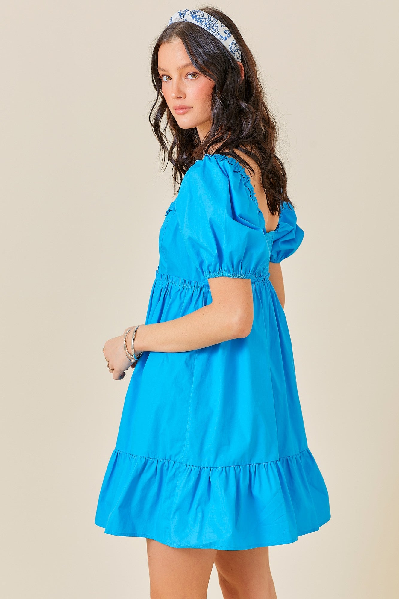 Aqua Puff Sleeve Ruffle Accent Mini Dress - Women's Summer Party Cocktail Dress for Beach Vacation & Date Night