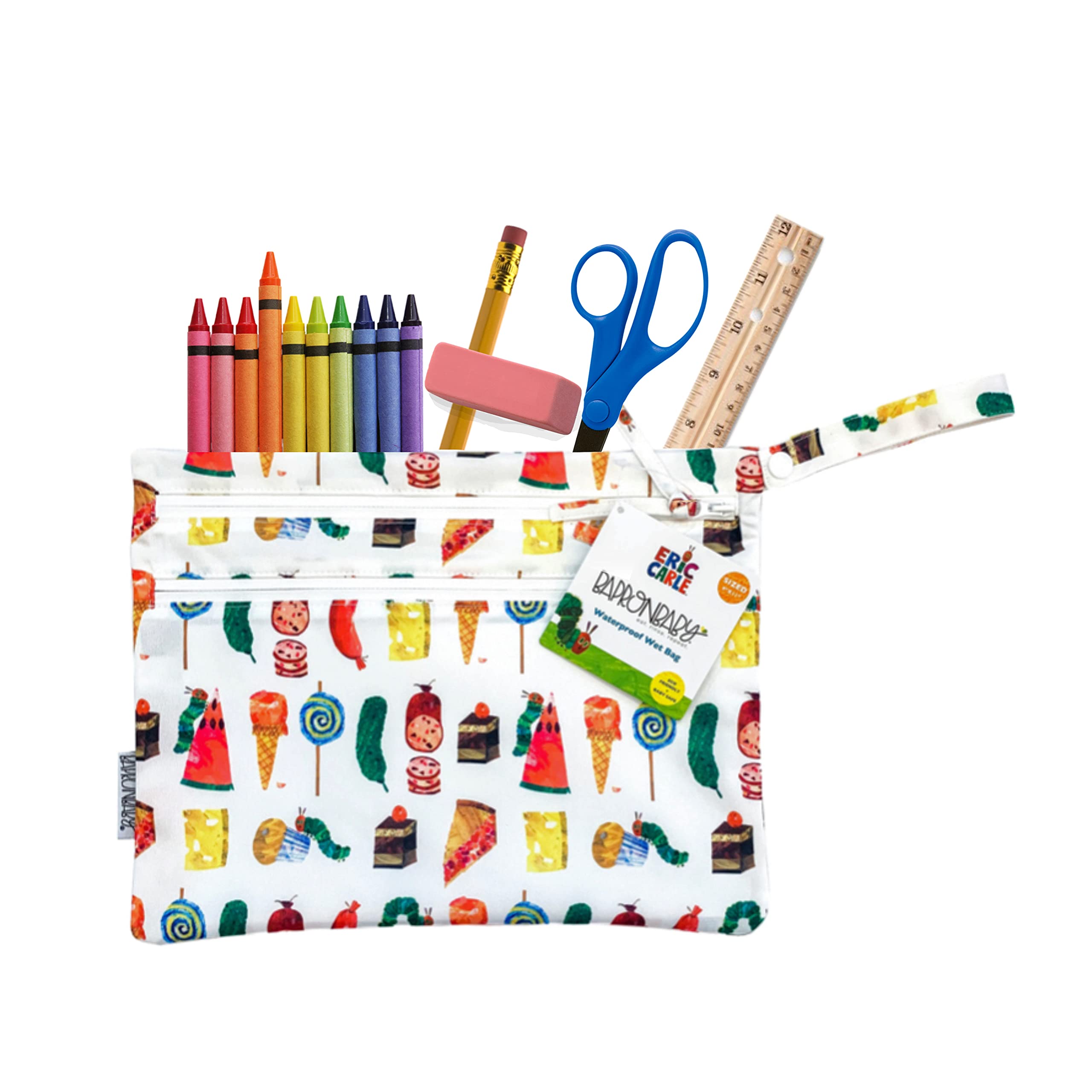 Eric Carle Themed Baby Wet Dry Bag - Waterproof Reusable Storage with 2 Zipper Pockets for Diapers, Snacks, Swimsuits - 11x9 Inches - Perfect for Mealtime, Stroller, Travel & Daycare - Machine Washable