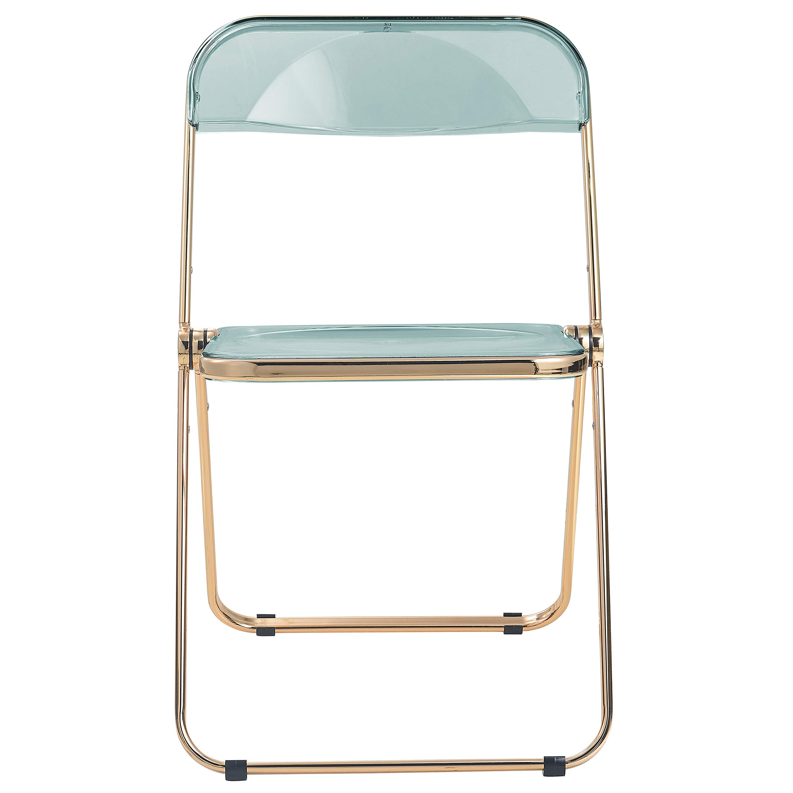LeisureMod Lawrence Modern Transparent Acrylic Folding Chair with Gold Metal Frame - Set of 2 Jade Green Patio Chairs for Indoor Outdoor Use, Garden, Poolside, and Dining Room Decor