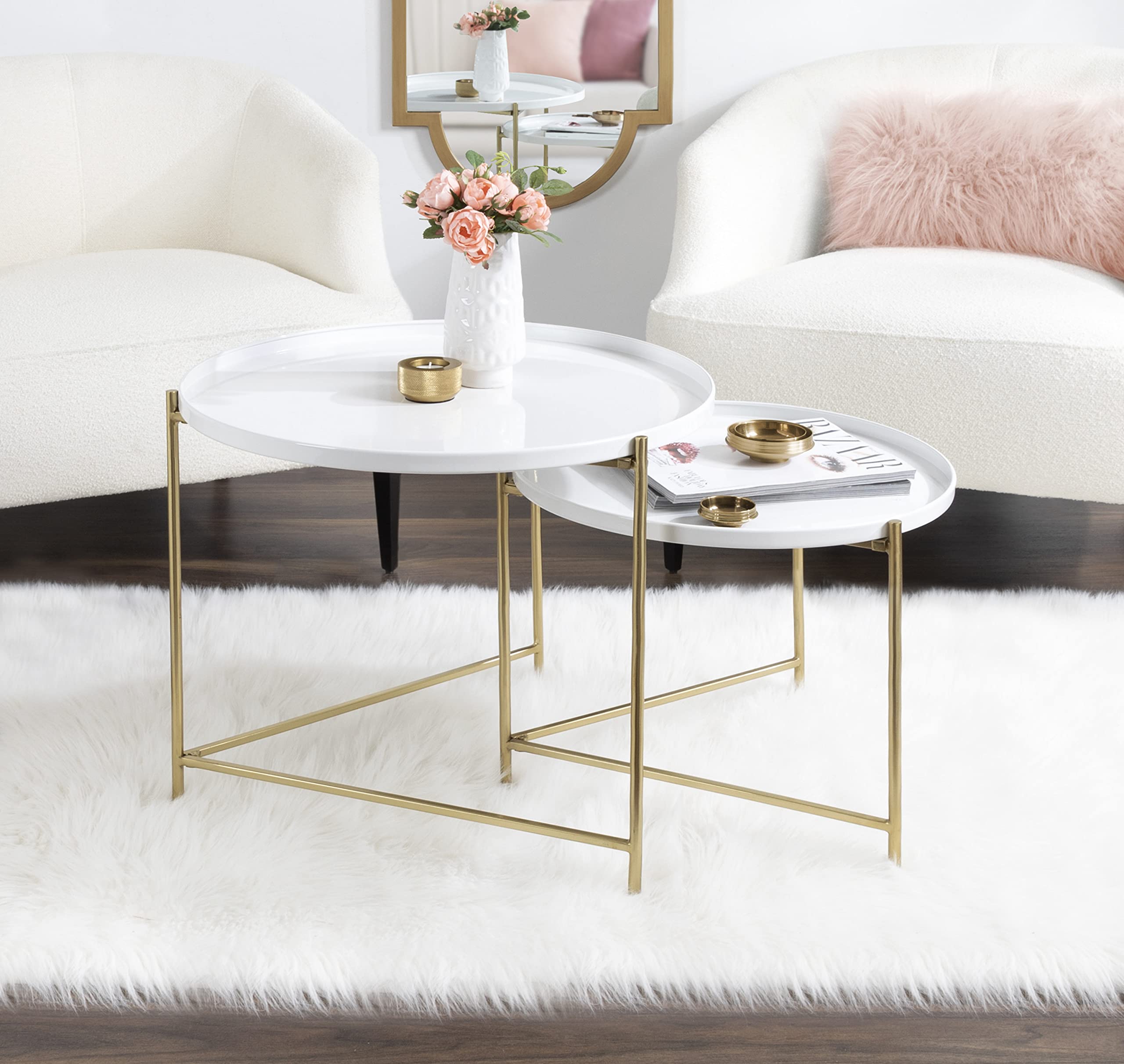 Kate and Laurel Ulani Modern Nesting Coffee Table Set of 2 - White & Gold Glam Storage Display Tables for Living Room, Lounge & Home Decor