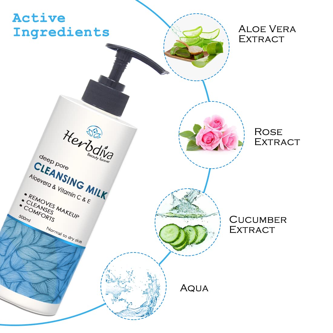 Herbdiva Vitamin C & E Cleansing Milk 500ml - Deep Pore Cleanser for Radiant Skin | Gentle Face Wash for Daily Skincare Routine & Makeup Removal