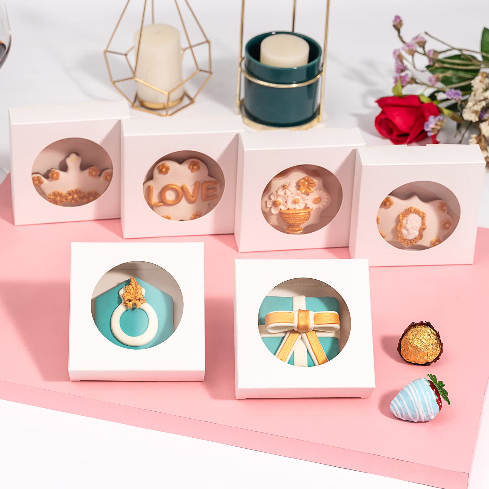 50 Pack 4.375x4.375x1.2 Inch Bakery Cookie Boxes - Single White Pastry Gift Boxes for Wedding Favors, Birthday Parties & Baby Showers - Perfect for Cookies, Cupcakes & Dessert Packaging