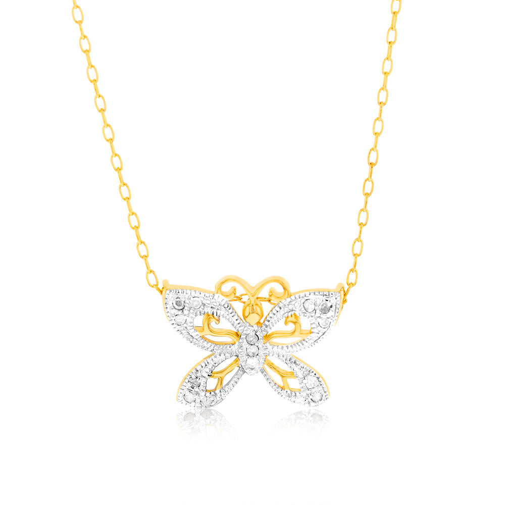 1/10 Carat Diamond Butterfly Pendant Necklace - 14K Gold Plated Sterling Silver Jewelry for Women - Perfect Gift for Anniversary, Birthday & Valentine's Day