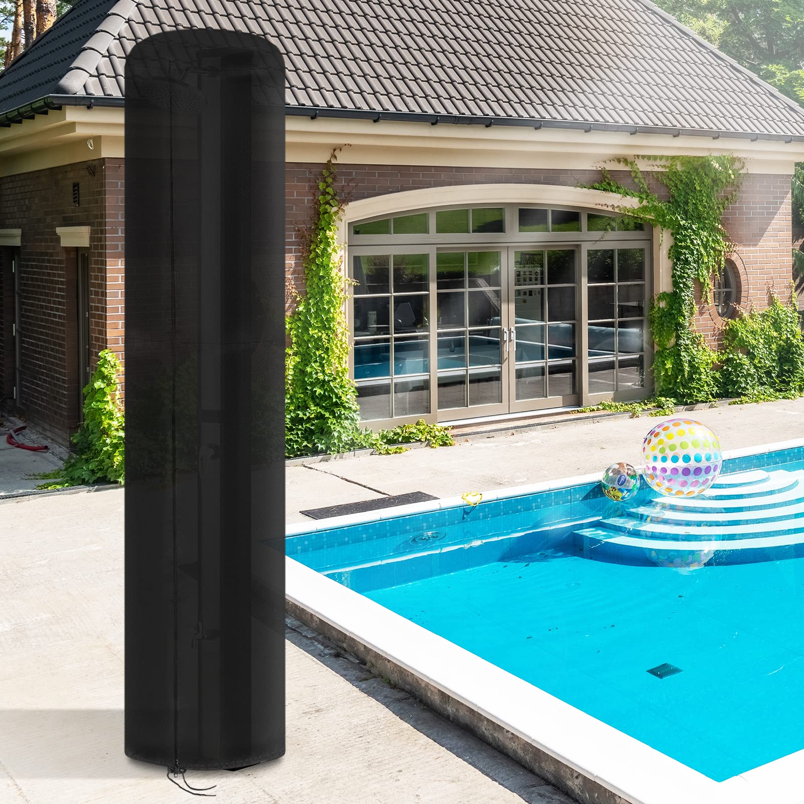 Premium Solar Shower Cover - Heavy Duty Waterproof & UV Coated Outdoor Shower Protector for 10.6 Gallon Solar Showers (230 x 67 cm) | Windproof, Dustproof Black Cover | Perfect for Camping, RV Trips & Beach Showers