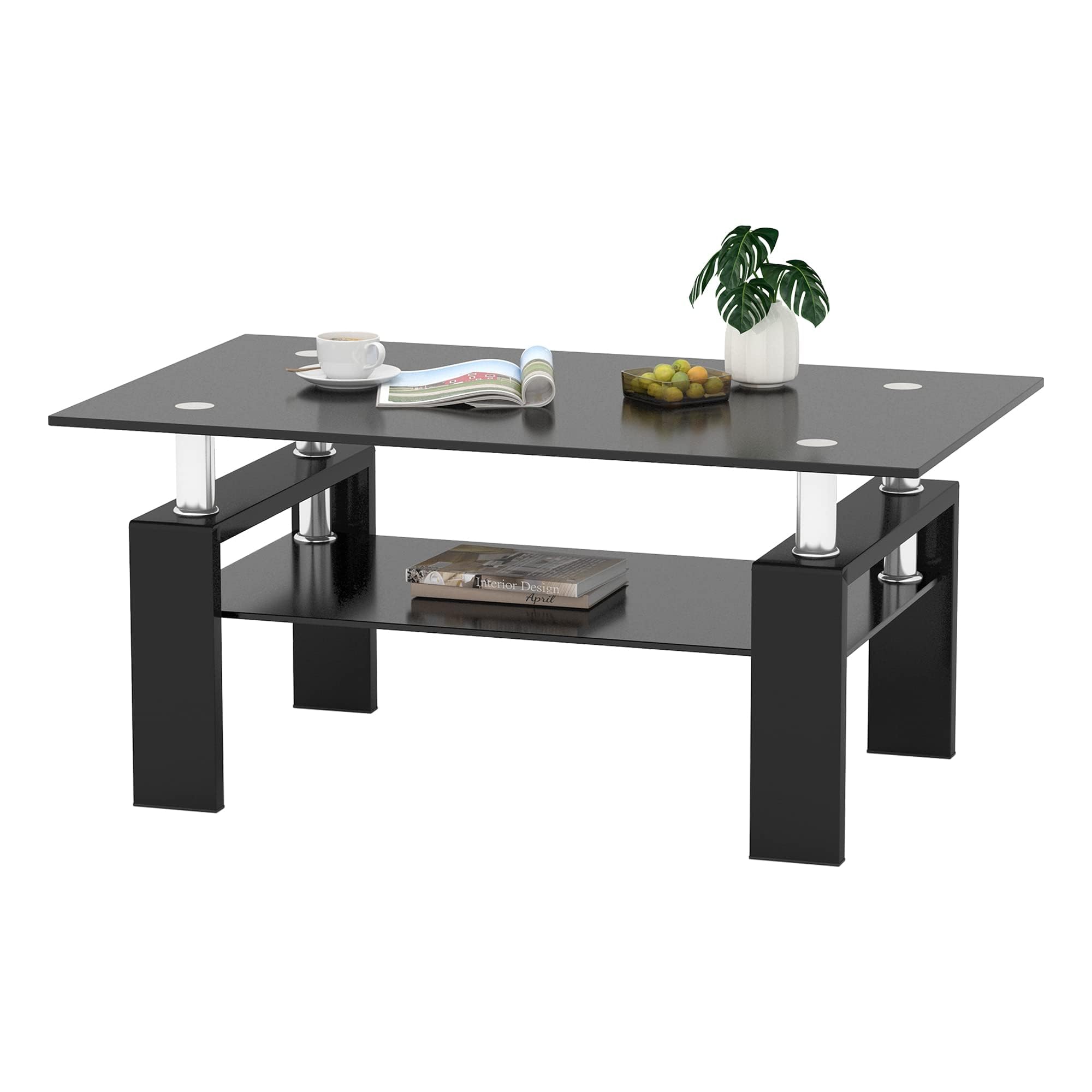 IANIYA Modern Rectangle Tempered Glass Coffee Table with Sturdy Metal Legs - All Black End Table for Living Room, Lounge & Office - Perfect for Home Decor, Entertaining & Small Space Furniture