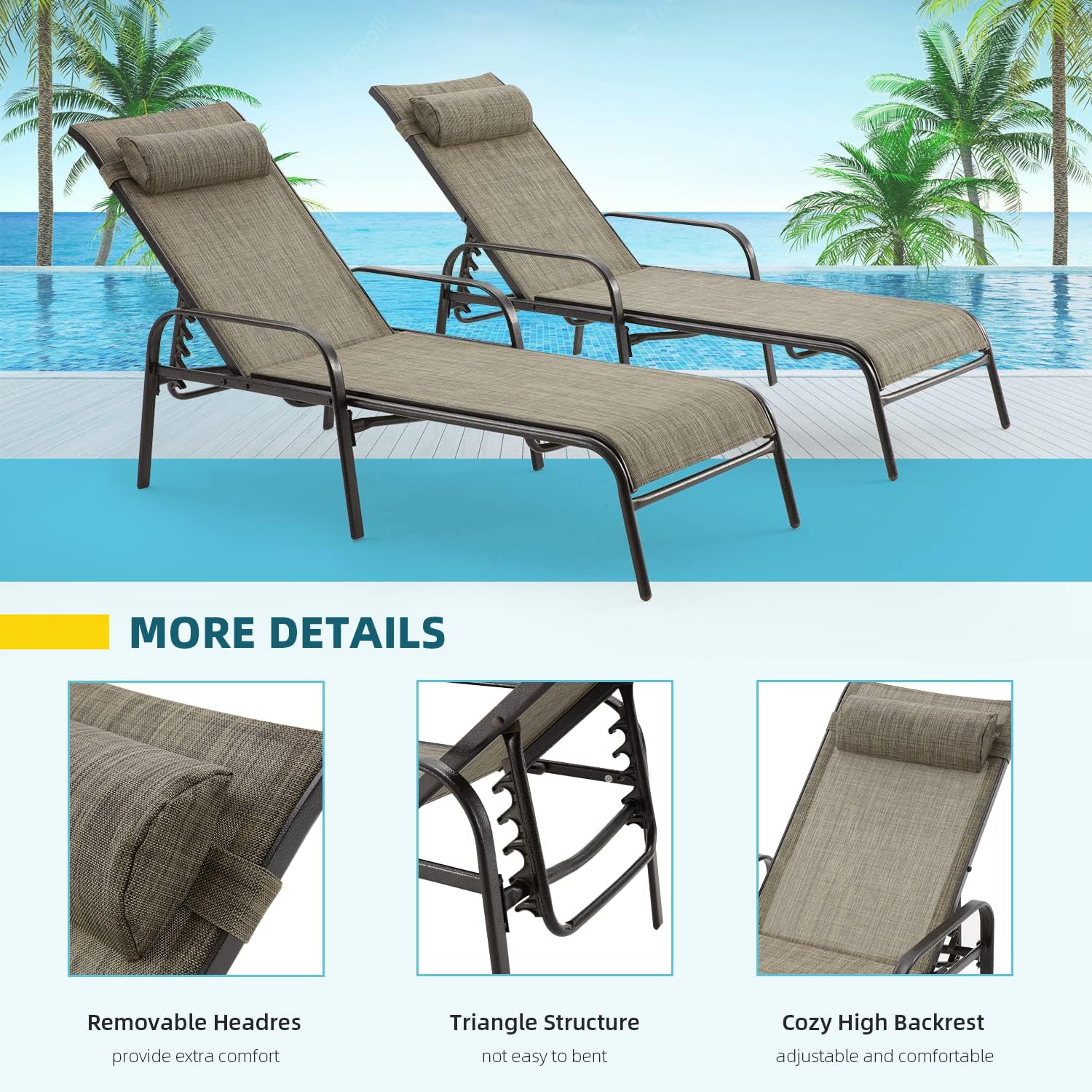 EROMMY Patio Chaise Lounge Set of 2 - Brown Outdoor Lounge Chairs for Poolside, Garden & Backyard Relaxation | Weather-Resistant Patio Furniture