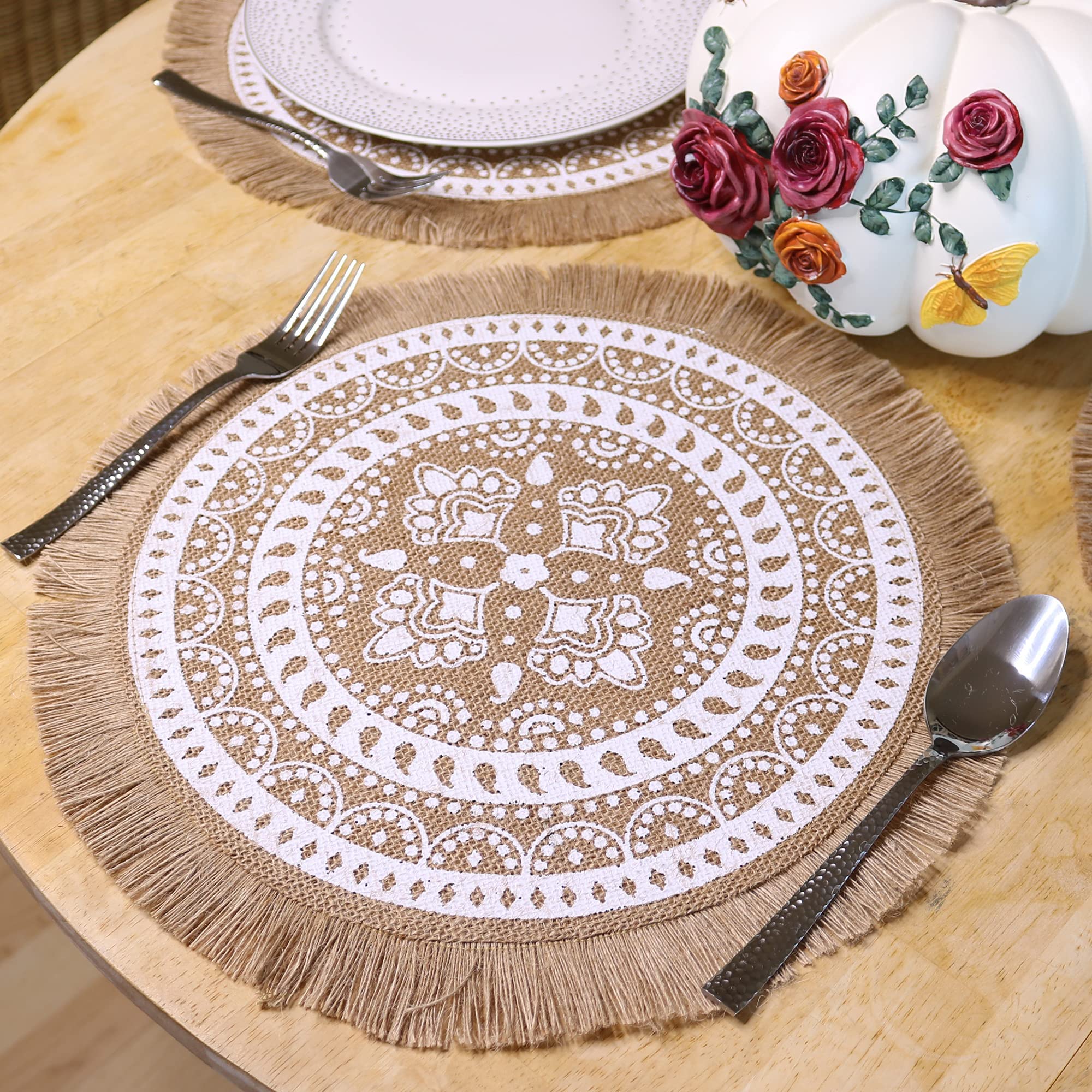 Set of 4 Round Burlap Placemats - 15