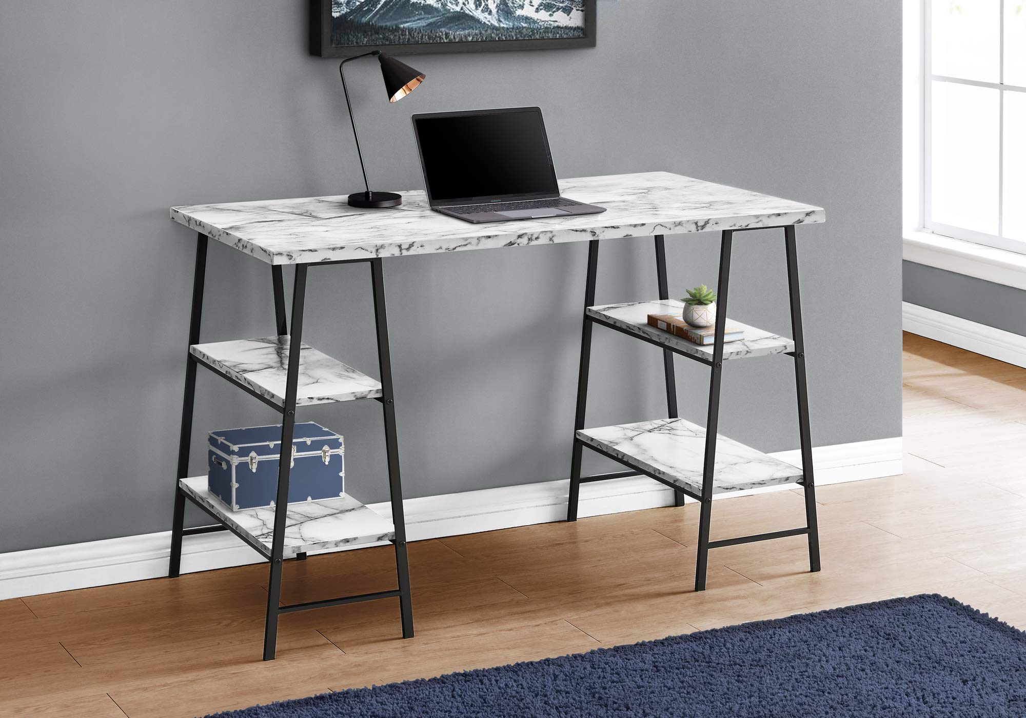 Monarch Specialties I 7527 48-Inch Modern Computer Desk with Storage Shelves - White Marble Look & Black Metal Frame - Home Office & Laptop Workstation for Contemporary Spaces